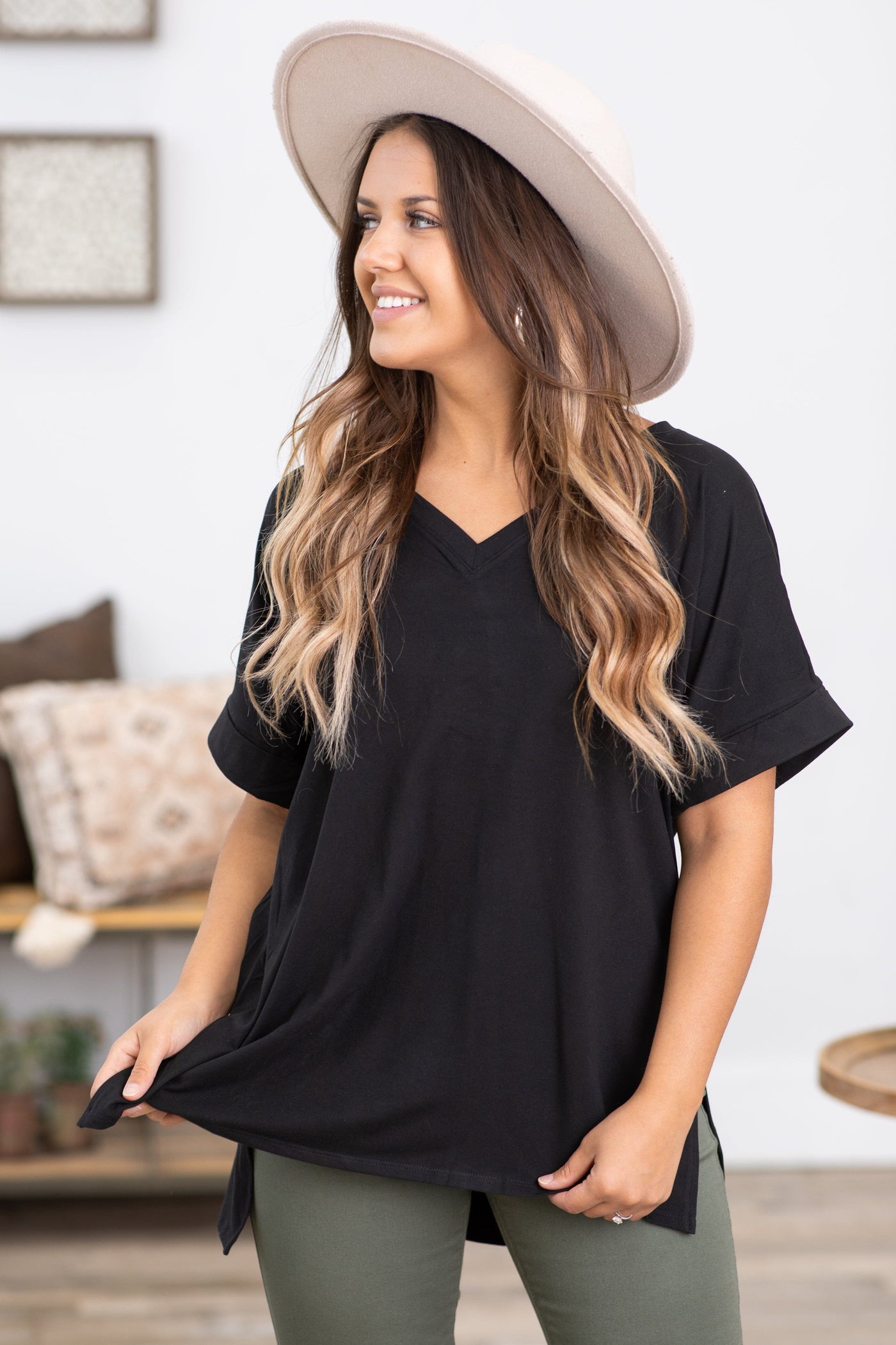 Black V-Neck Roll Sleeve Hi Lo Top - Filly Flair