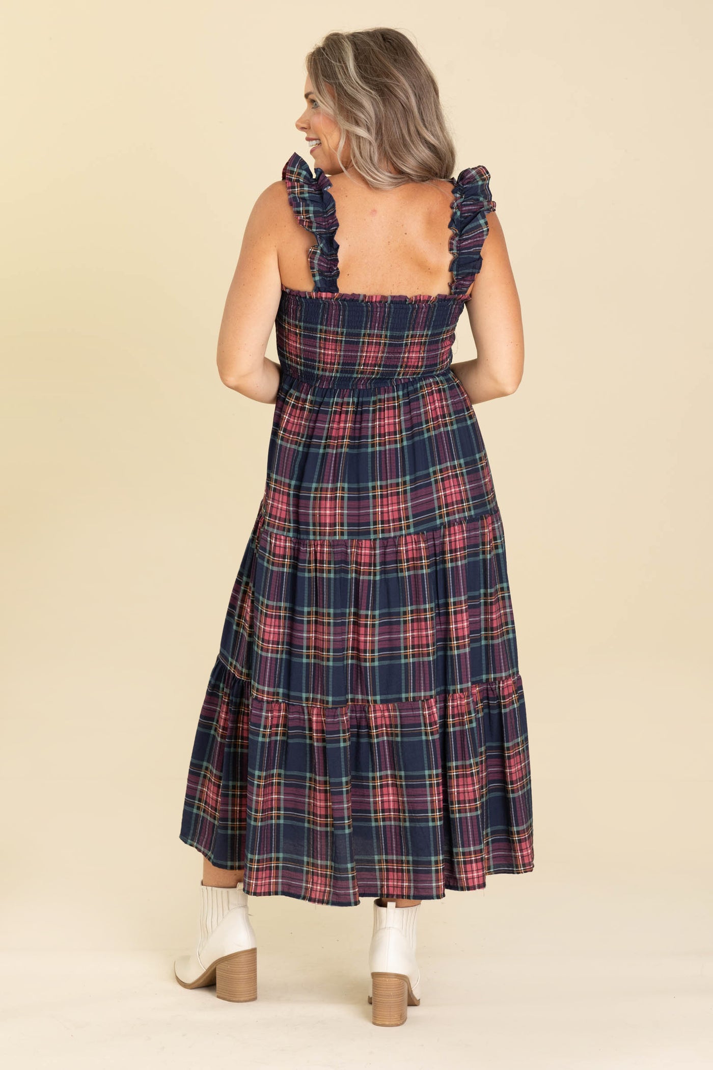 Navy And Berry Plaid Smocked Midi Dress