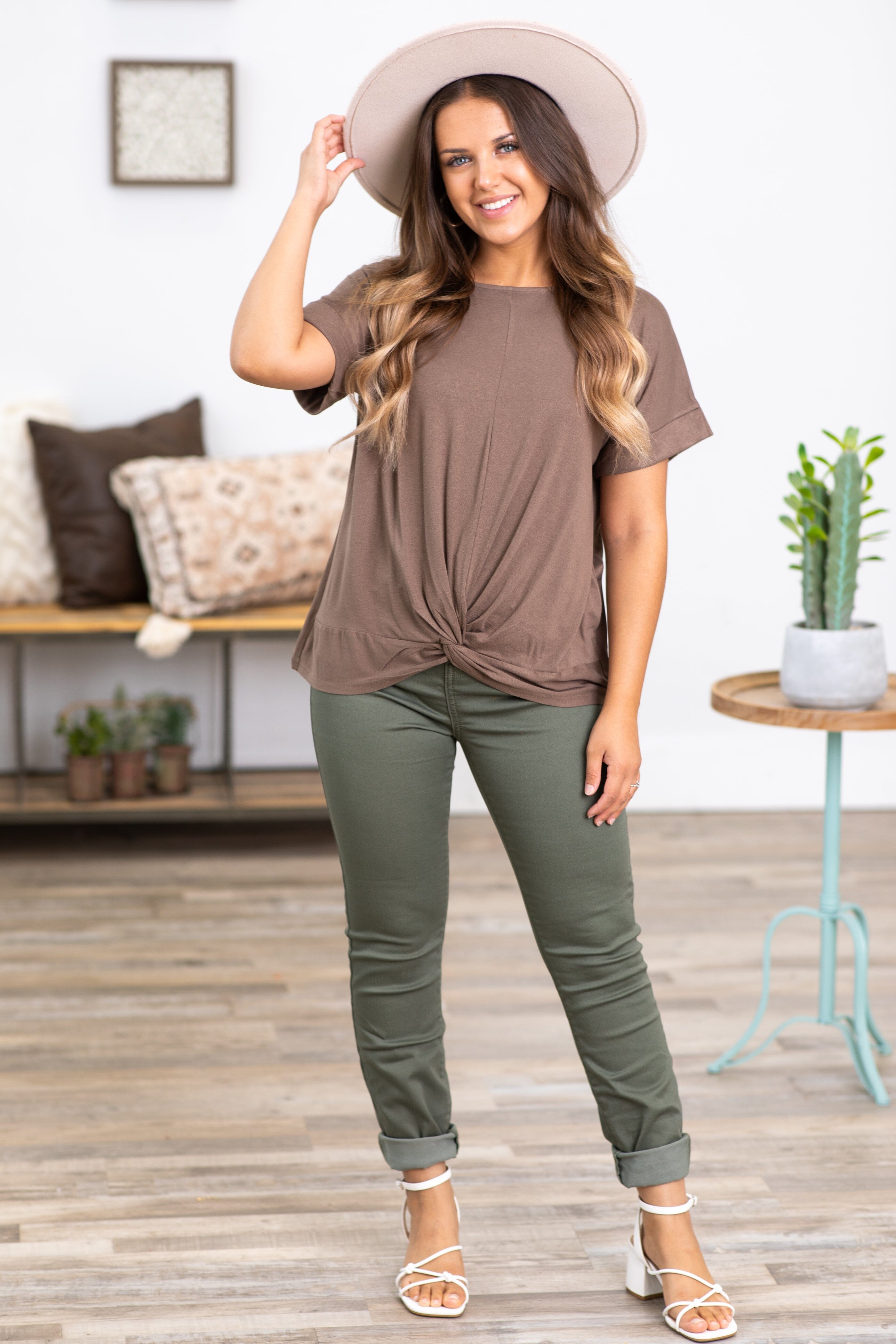 Mocha Knot Front Short Sleeve Top - Filly Flair