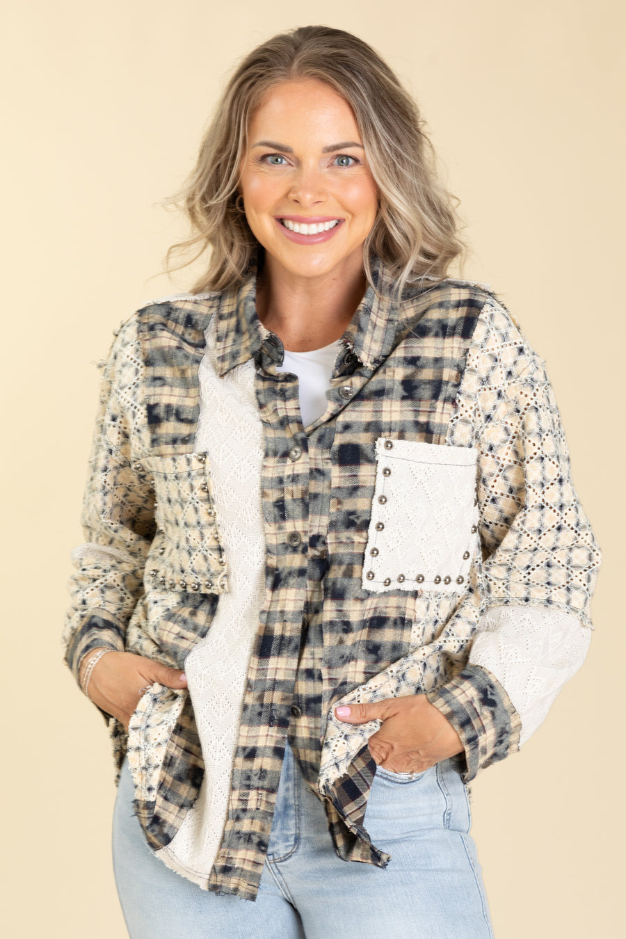 Oversized Lace Detail Woven Button Up