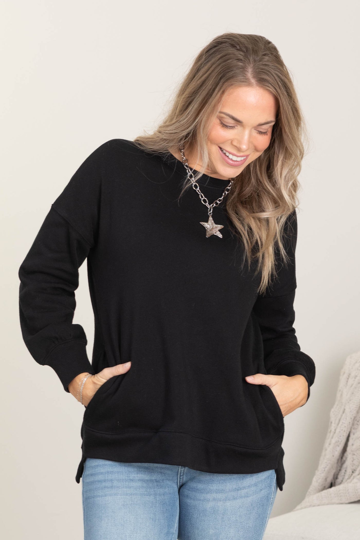 Fleece Hi-Low Boyfriend Sweatshirt With Pocket
