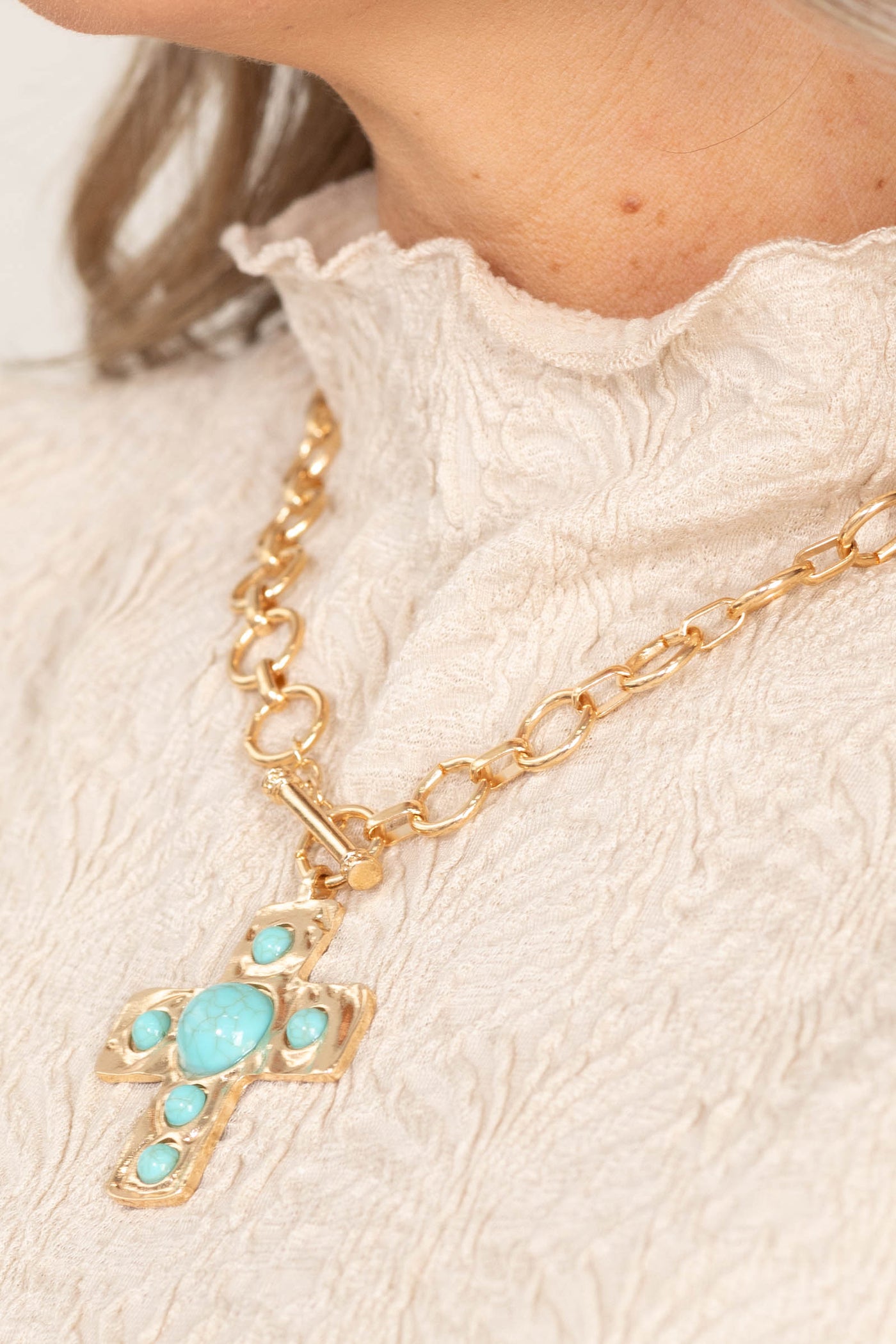 Gold Turquoise Hammered Cross Toggle Necklace