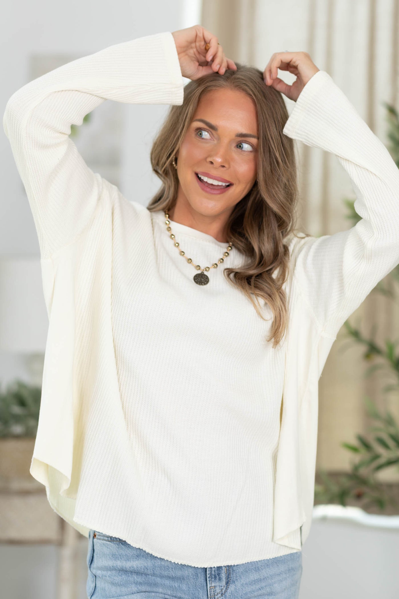 Mineral Washed Waffle Long Sleeve Knit Top