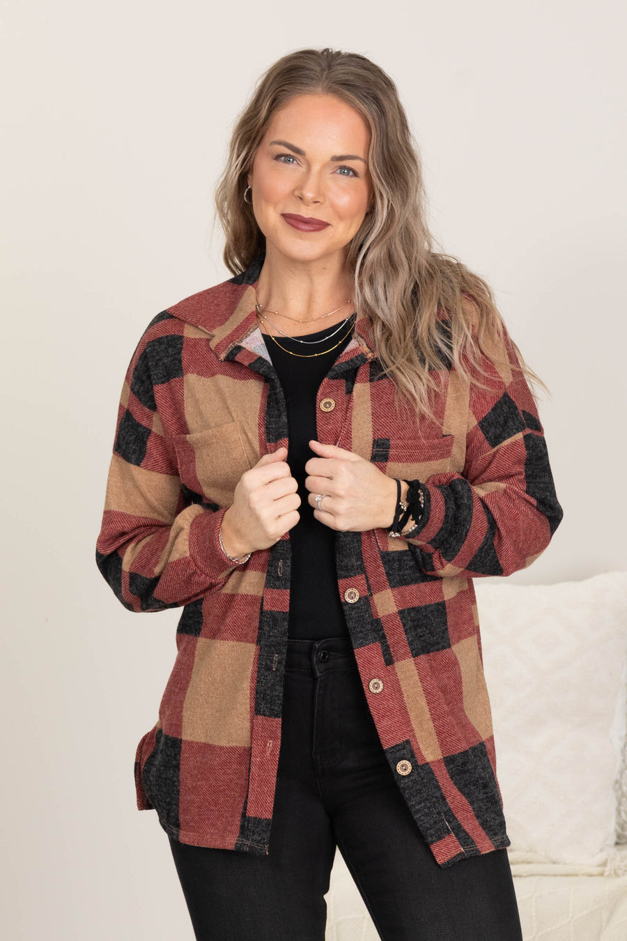 Taupe Multicolor Mohair Plaid Knit Shacket