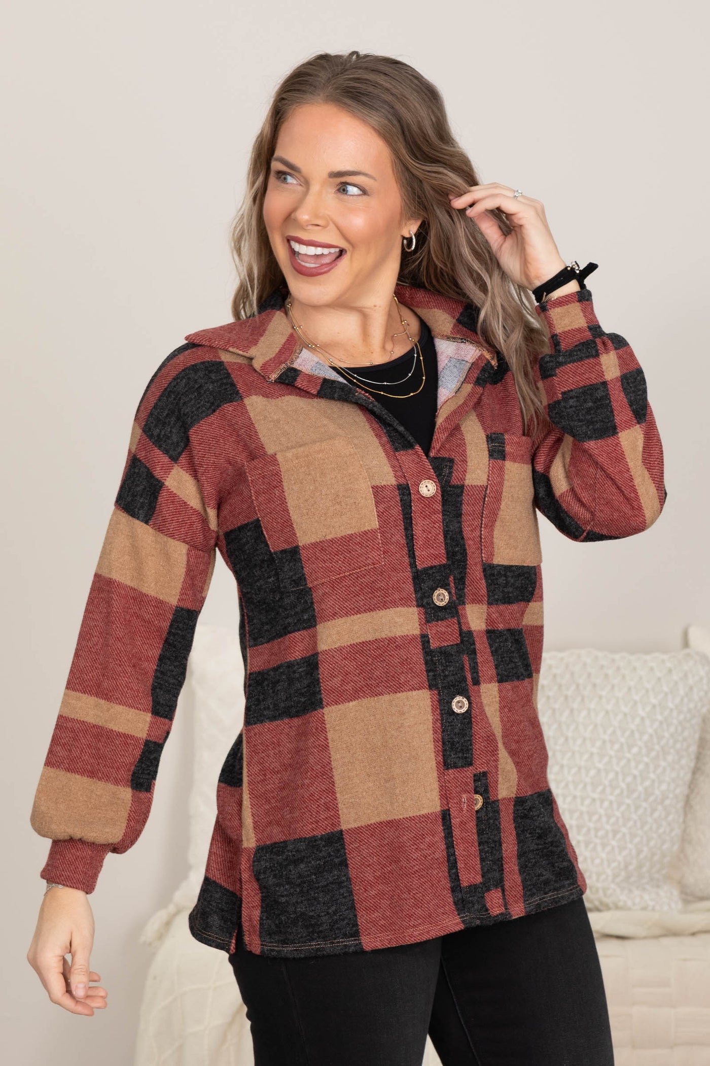 Taupe Multicolor Mohair Plaid Knit Shacket