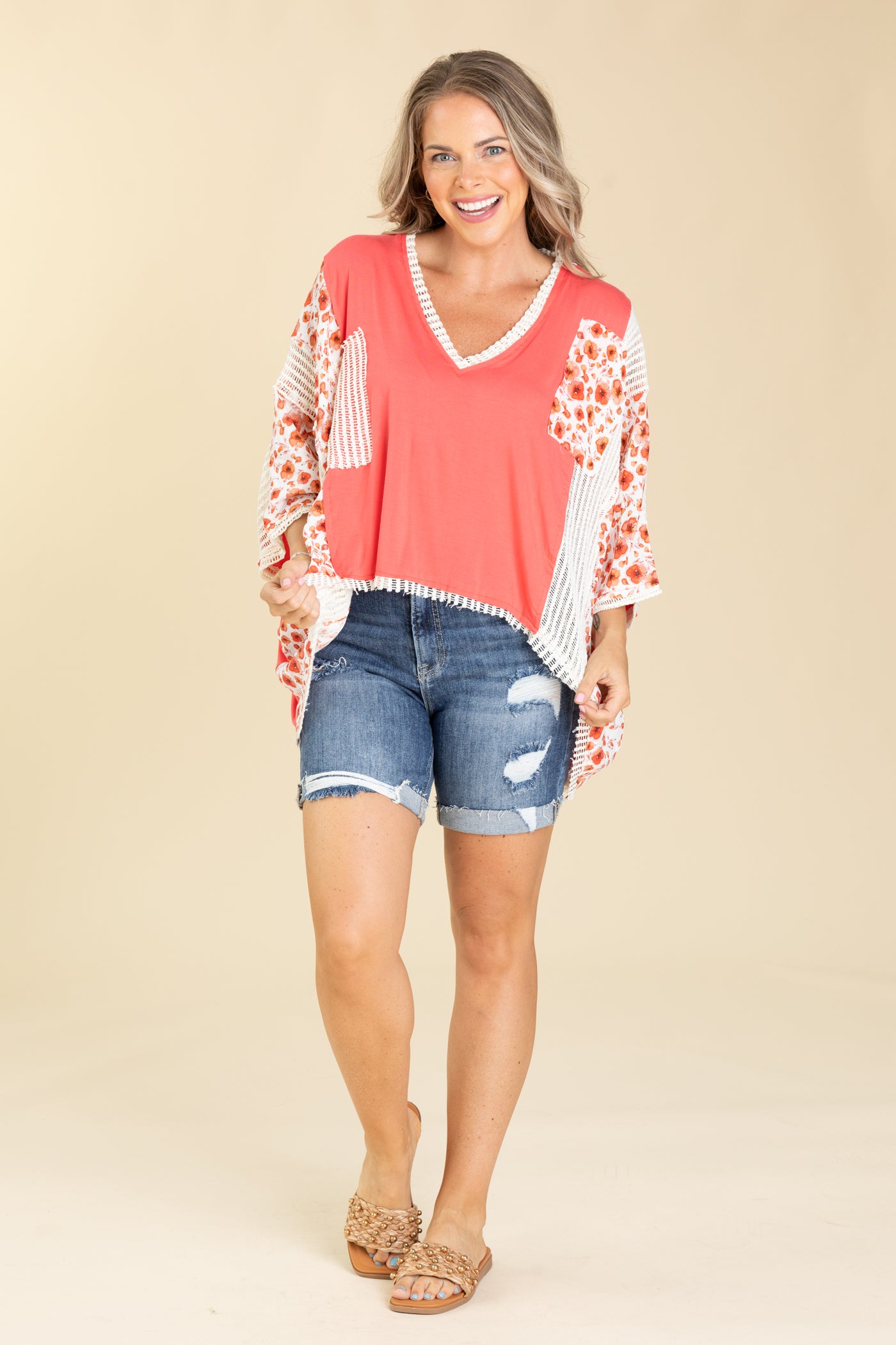 Oversized Floral V-Neck Waffle Knit Top
