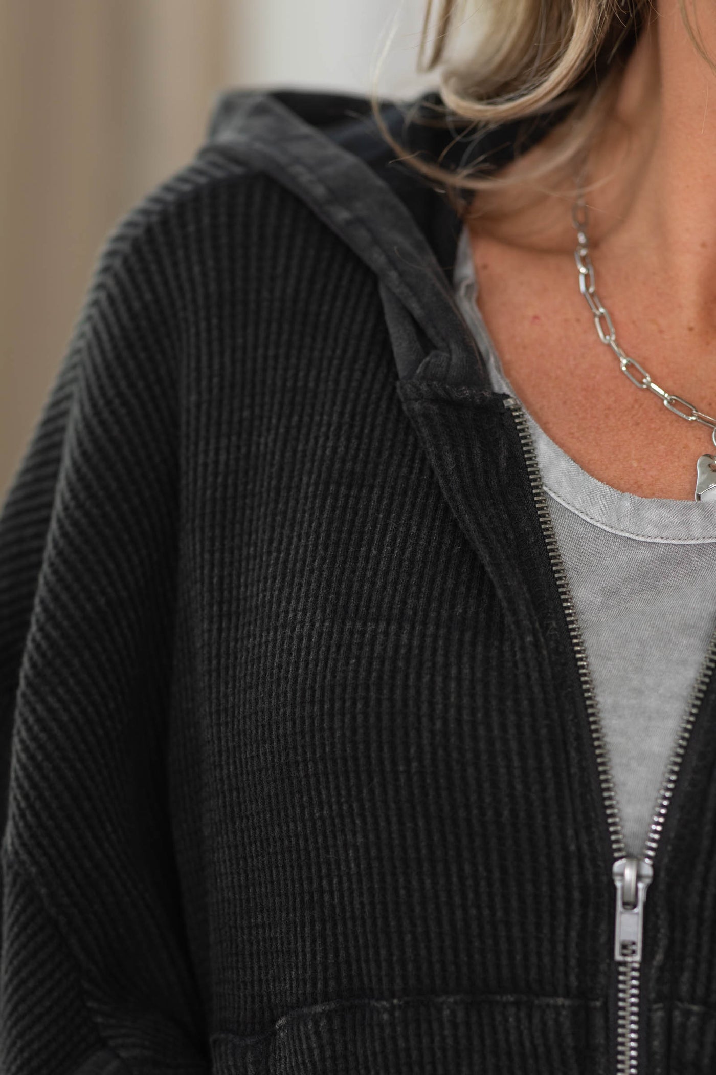 Black Mineral Washed Waffle Hoodie Zip Jacket