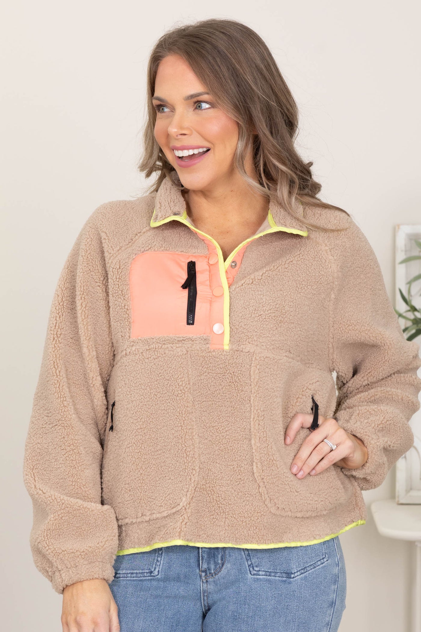 Taupe Fleece Button Up Pullover Top