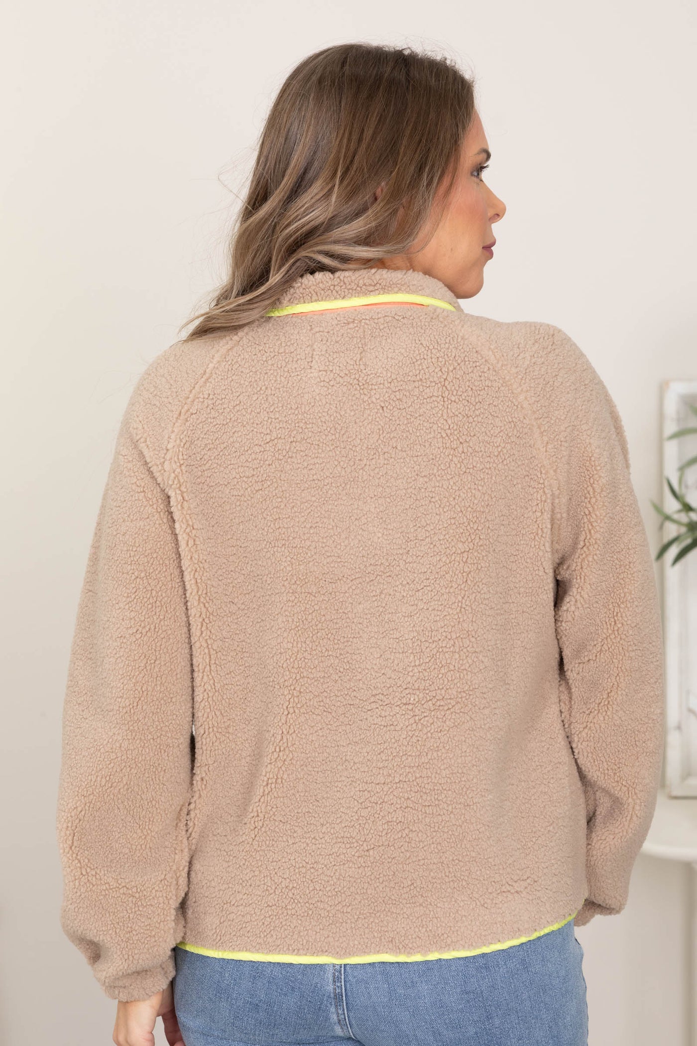 Taupe Fleece Button Up Pullover Top
