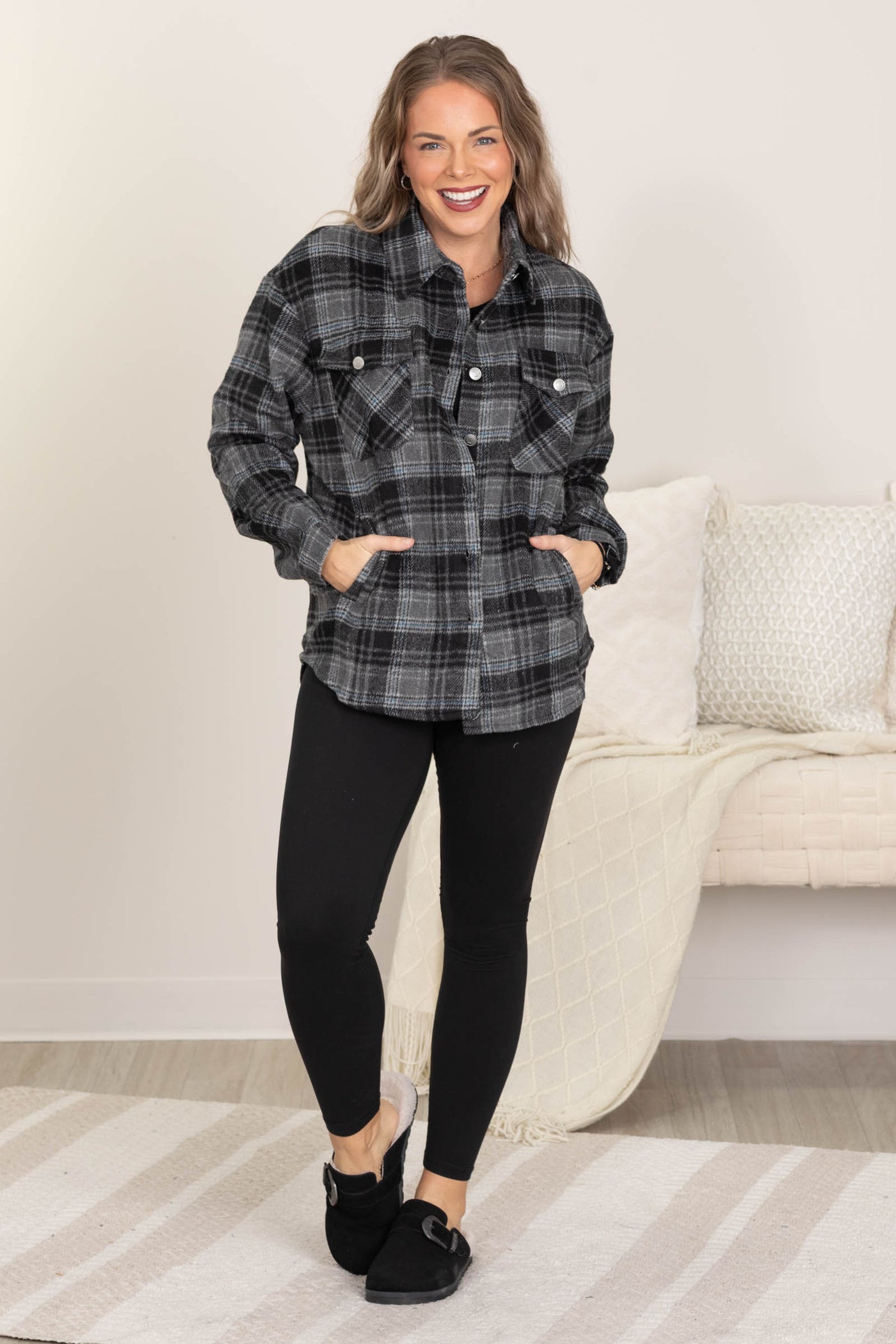 Black Plaid Shacket With Pockets