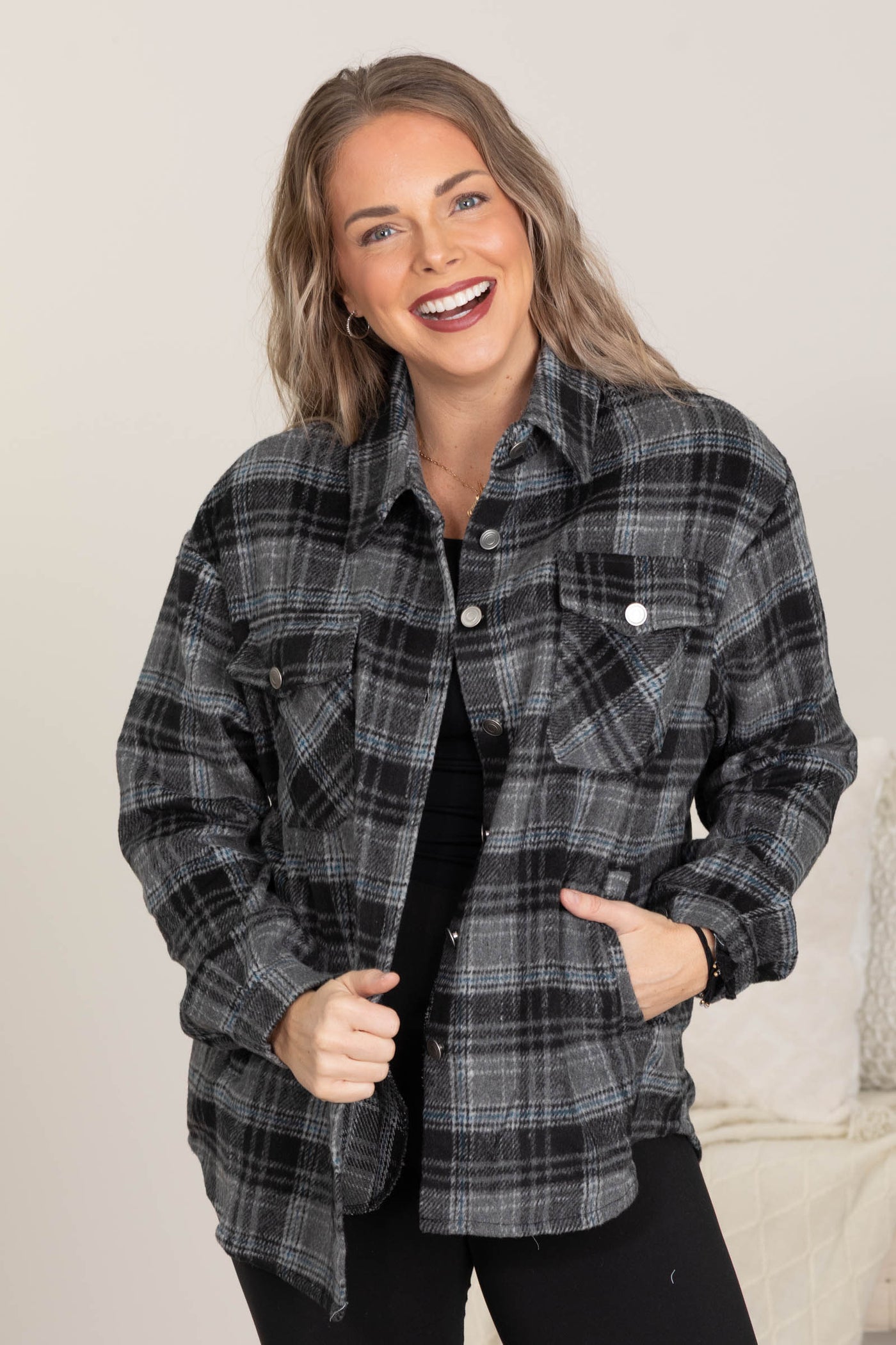 Black Plaid Shacket With Pockets