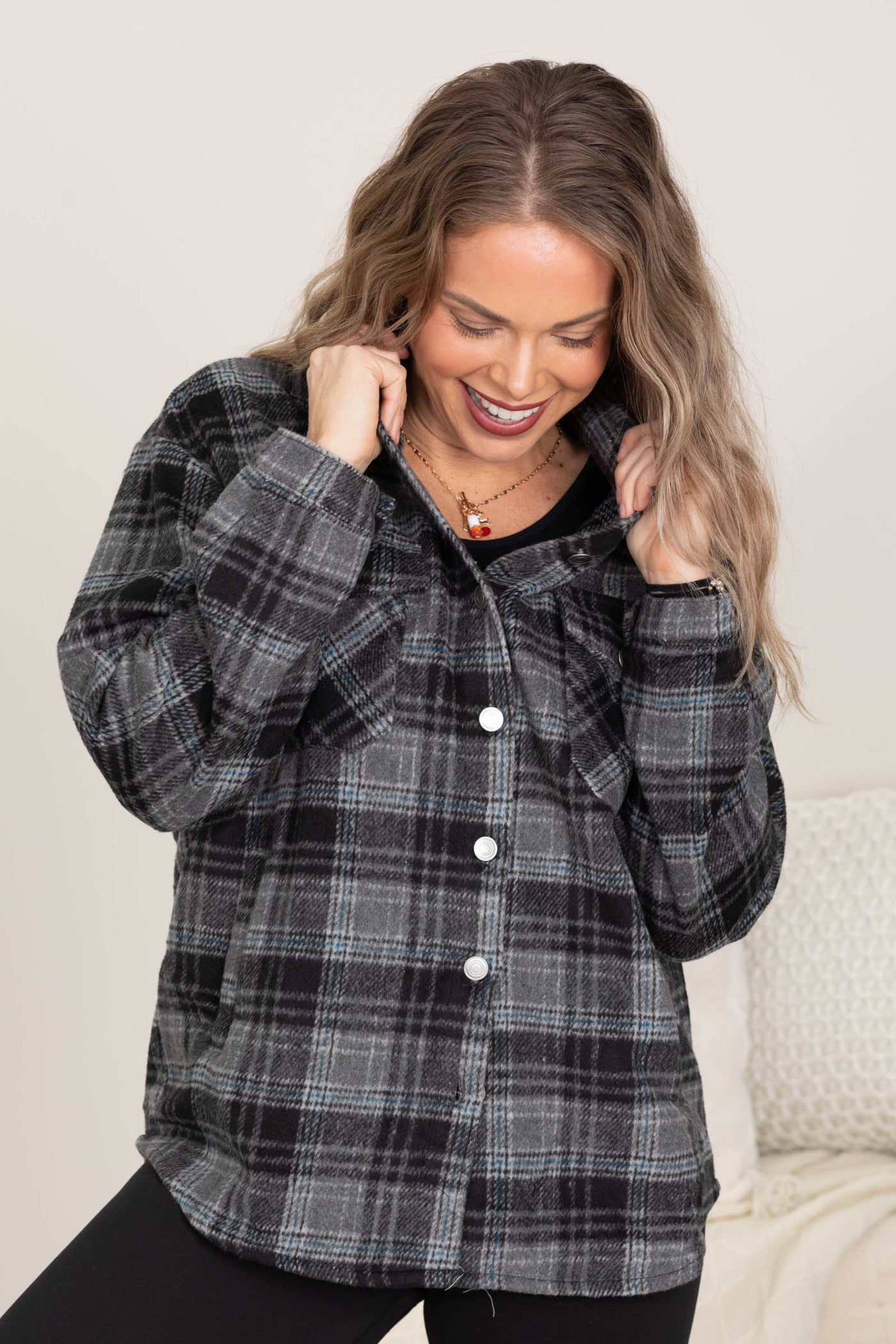 Black Plaid Shacket With Pockets