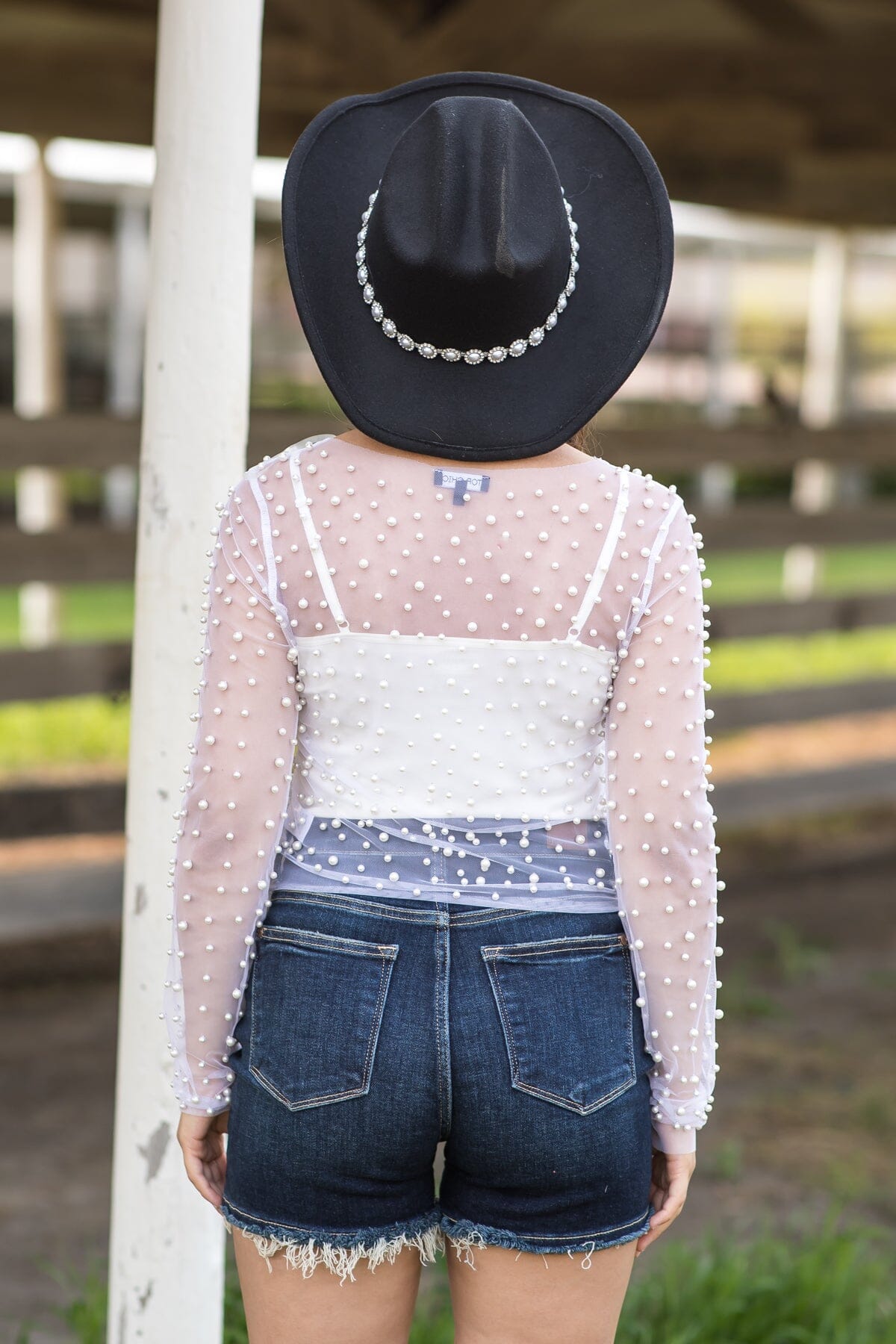 White Long Sleeve Top With Pearls - Filly Flair