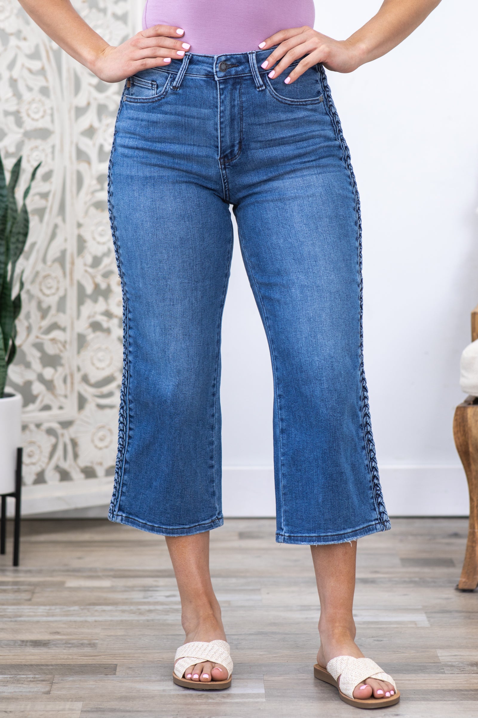 Judy Blue High Waist Back Pocket Embroidery Crop Wide Jeans