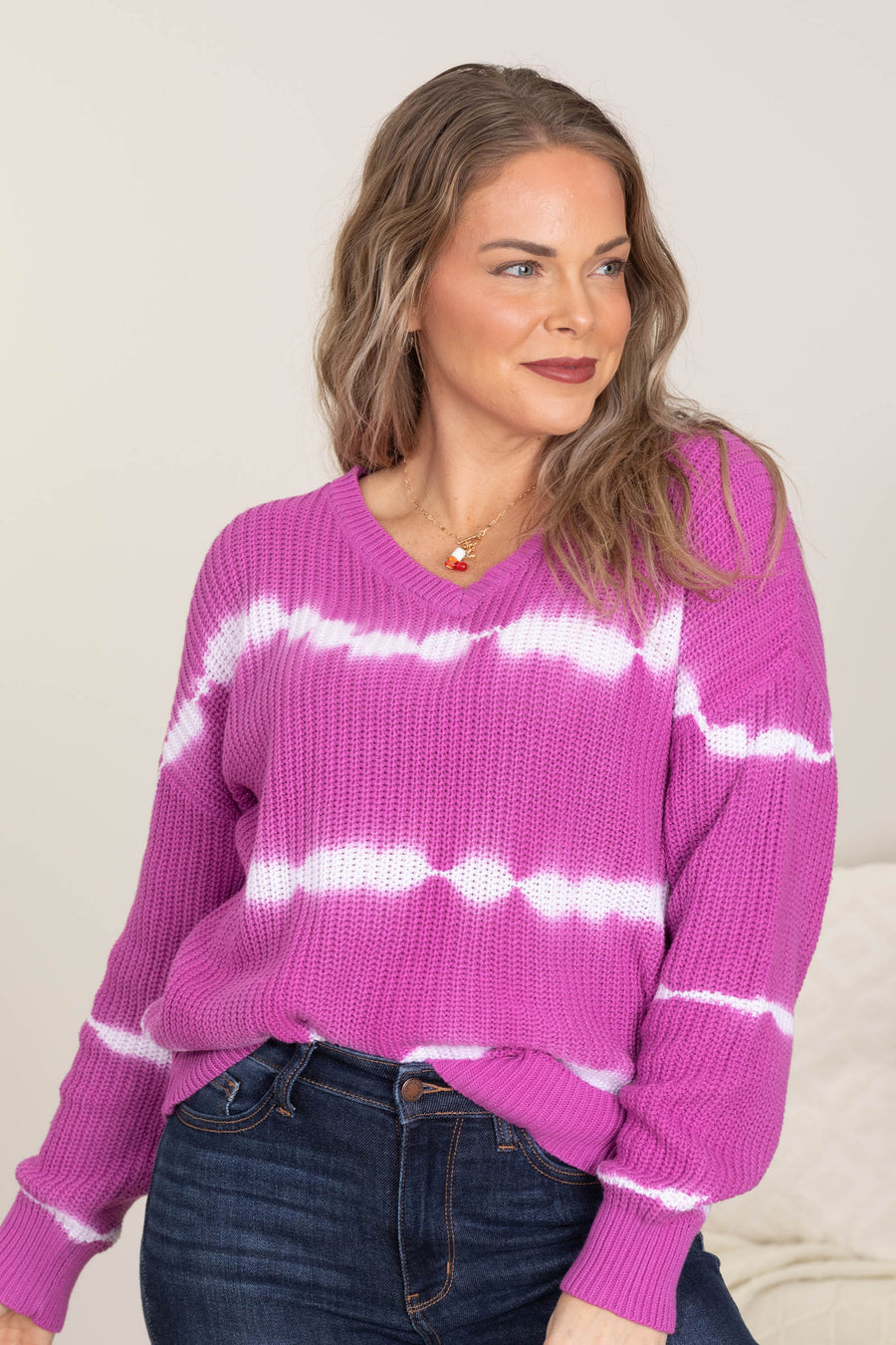 Magenta Tie Dye Stripe Sweater Top