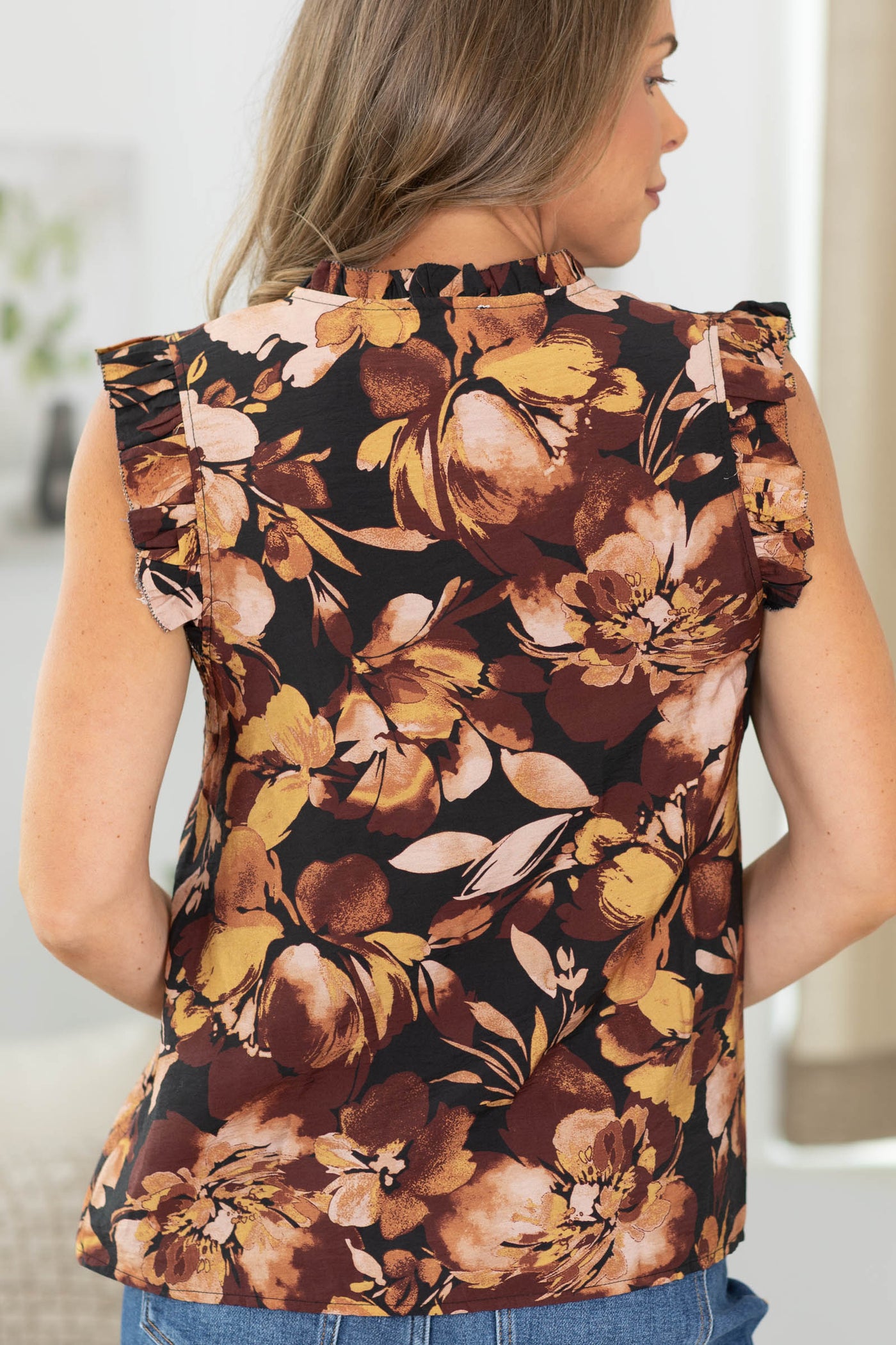 Black With Brown Floral Ruffle Sleeve Woven Top