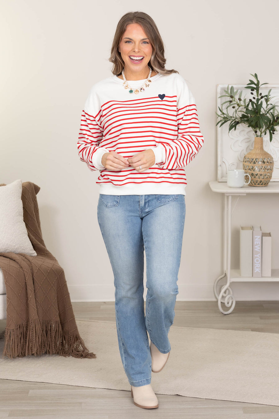 Stripe With Heart Embroidered Knit Sweater Top