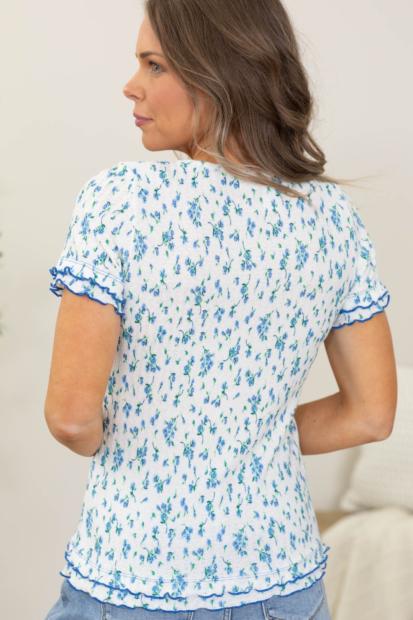 Blue Ditsy Floral Ruffle Trim Knit Top