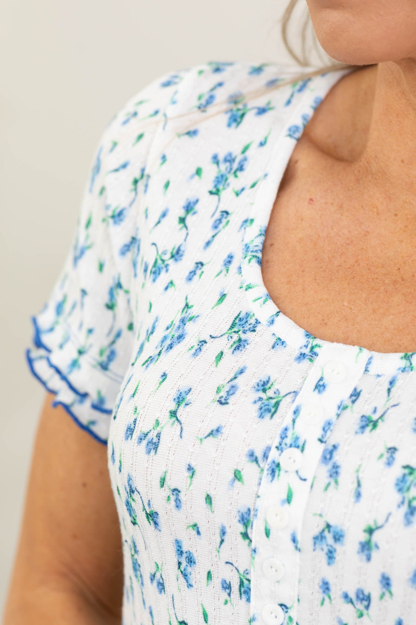 Blue Ditsy Floral Ruffle Trim Knit Top