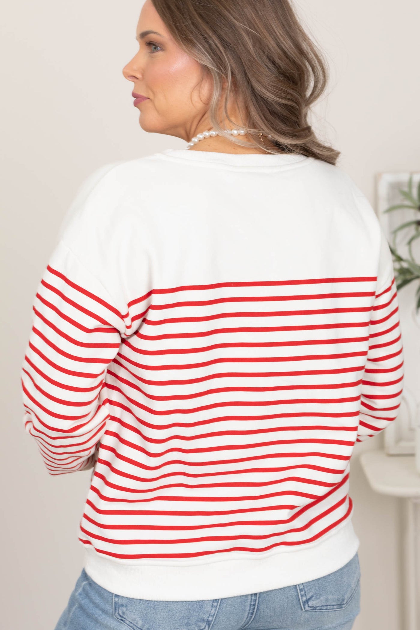 Stripe With Heart Embroidered Knit Sweater Top