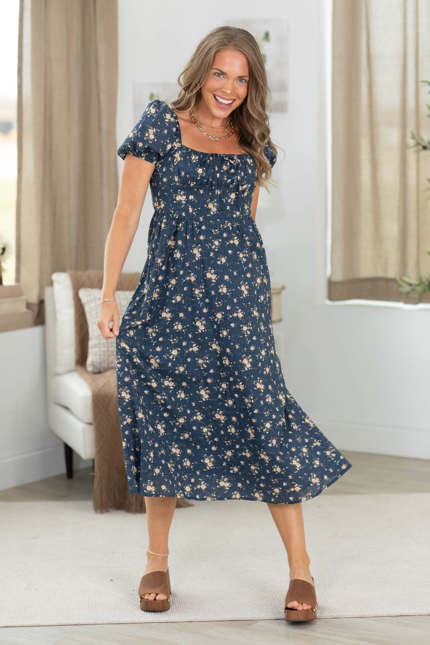 Navy Floral Puff Short Sleeve Dress