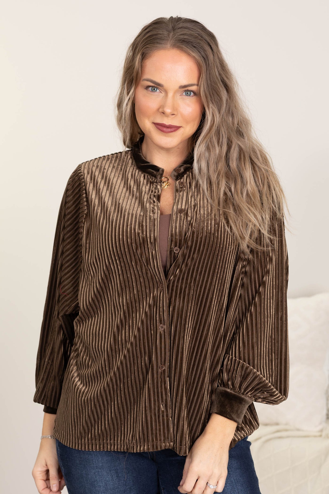 Brown Velvet Striped Button Up Blouse