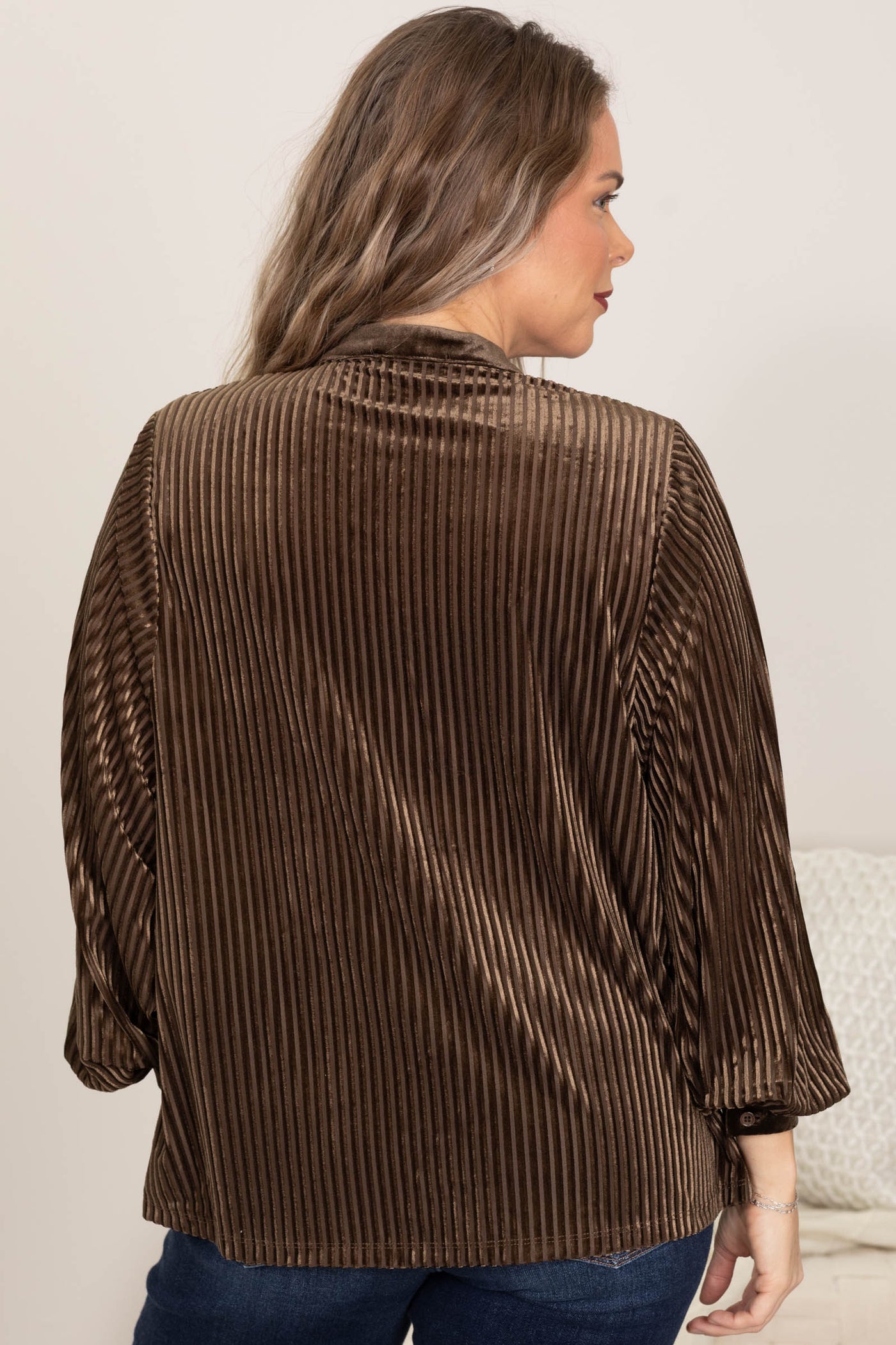 Brown Velvet Striped Button Up Blouse