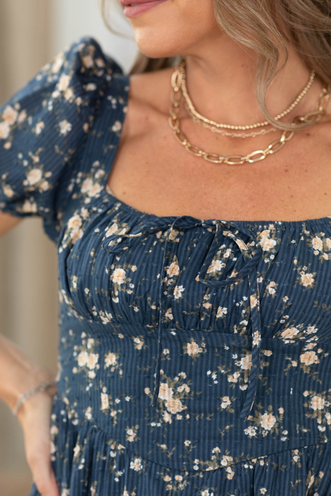 Navy Floral Puff Short Sleeve Dress