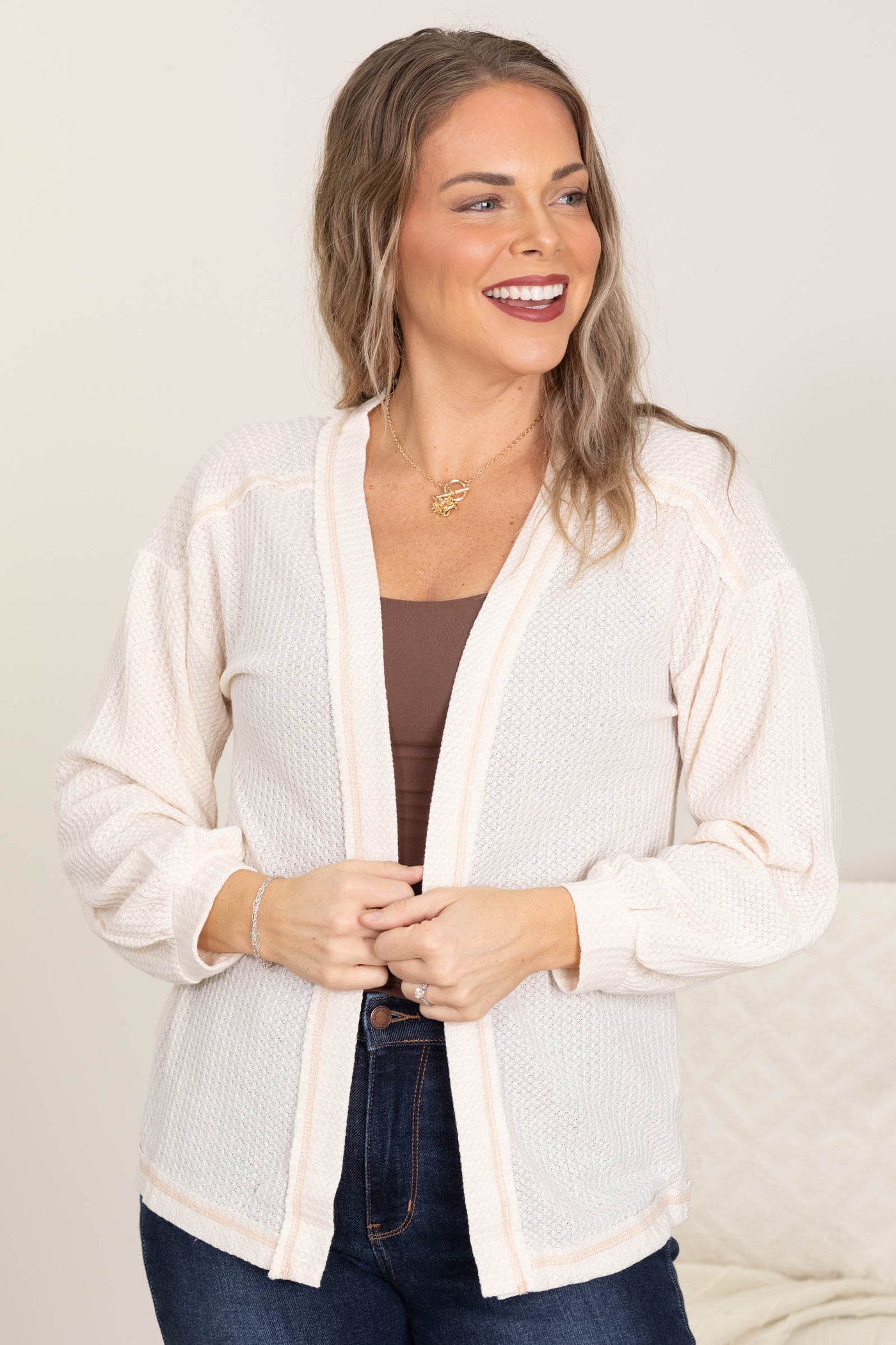Reverse Stitched Open Front Knit Cardigan