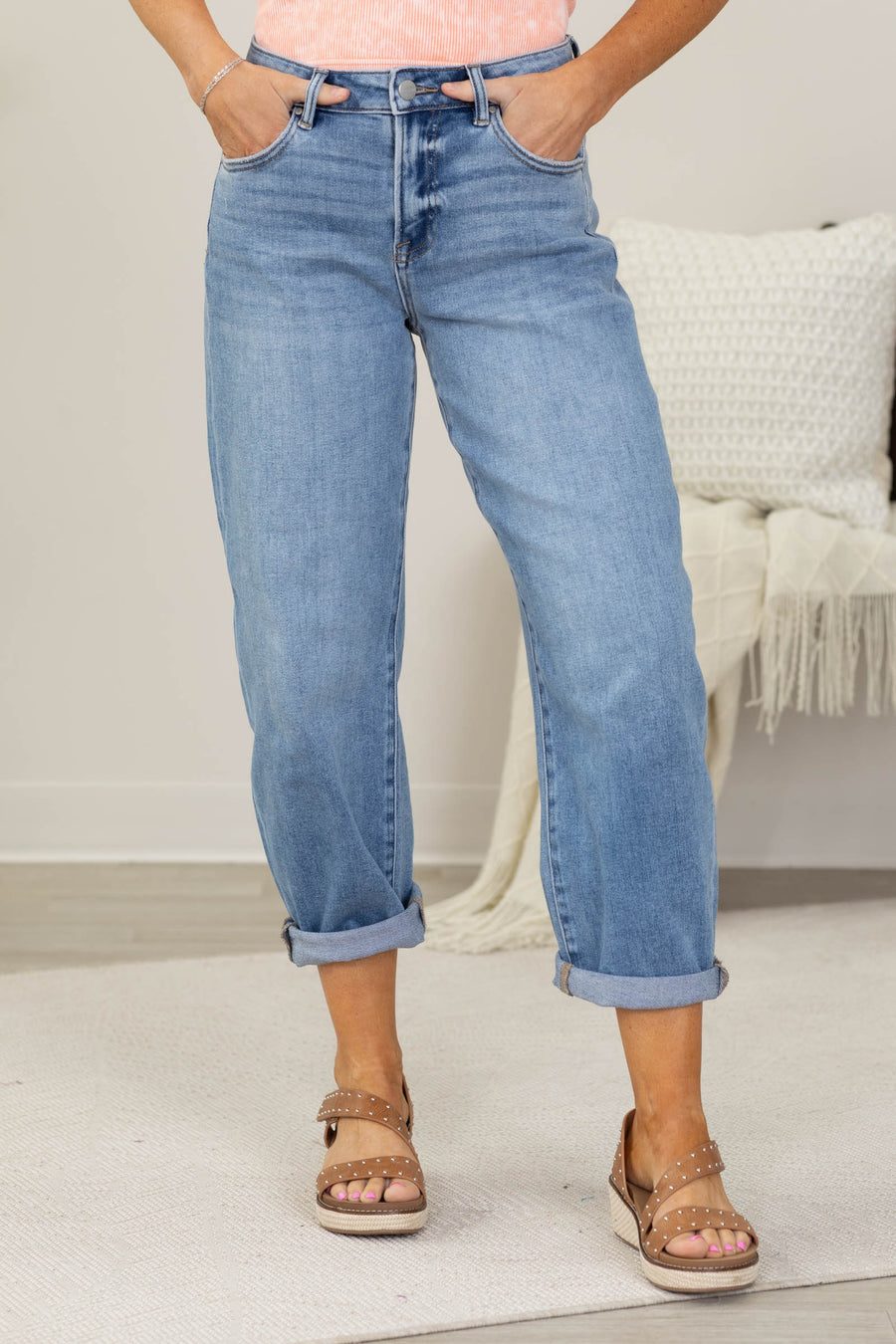 Risen Medium Wash High Rise Crop Barrel Jeans
