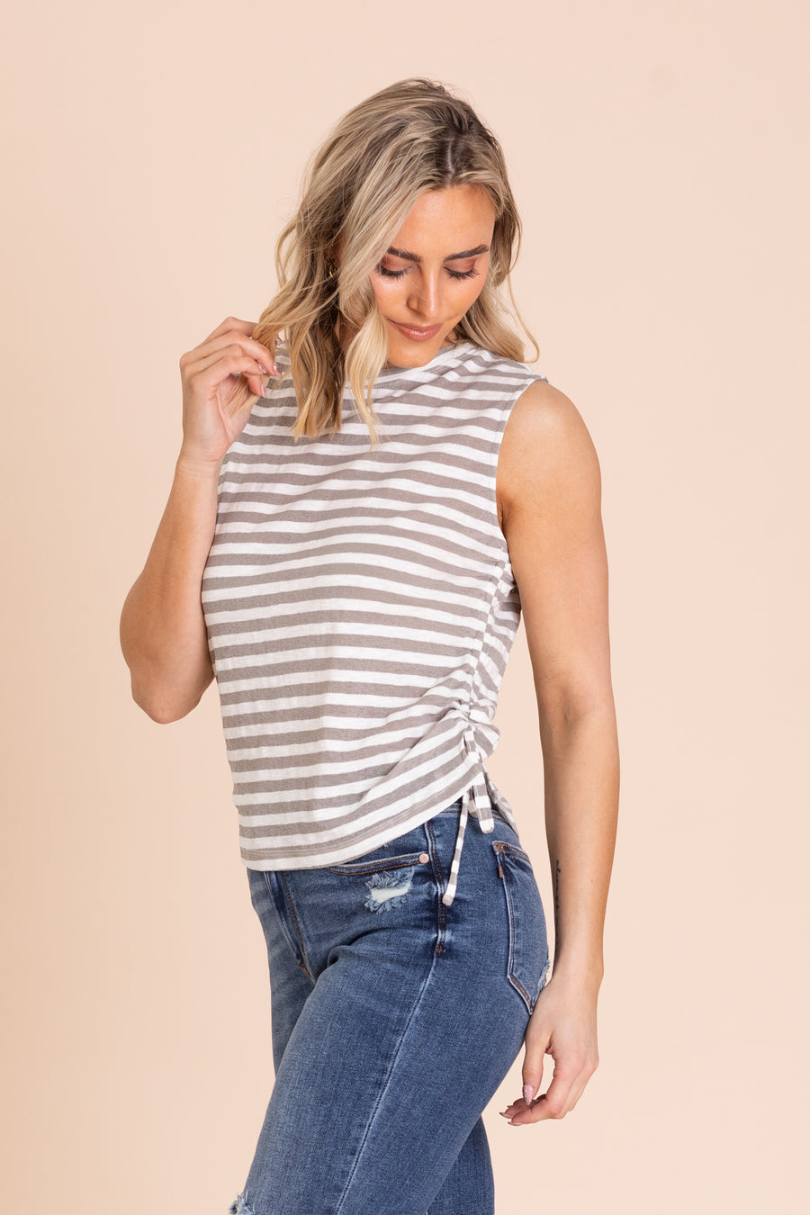 Grey Striped Slub Knit Top With Side Cinch