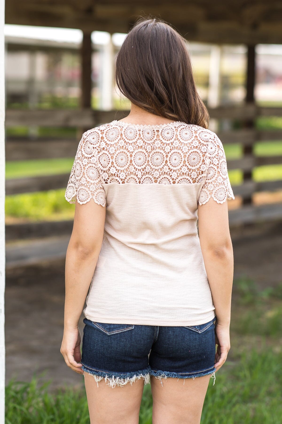 Beige Crochet Sleeve Henley Top · Filly Flair