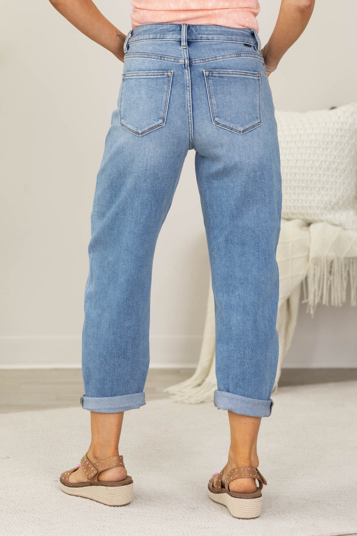 Risen Medium Wash High Rise Crop Barrel Jeans