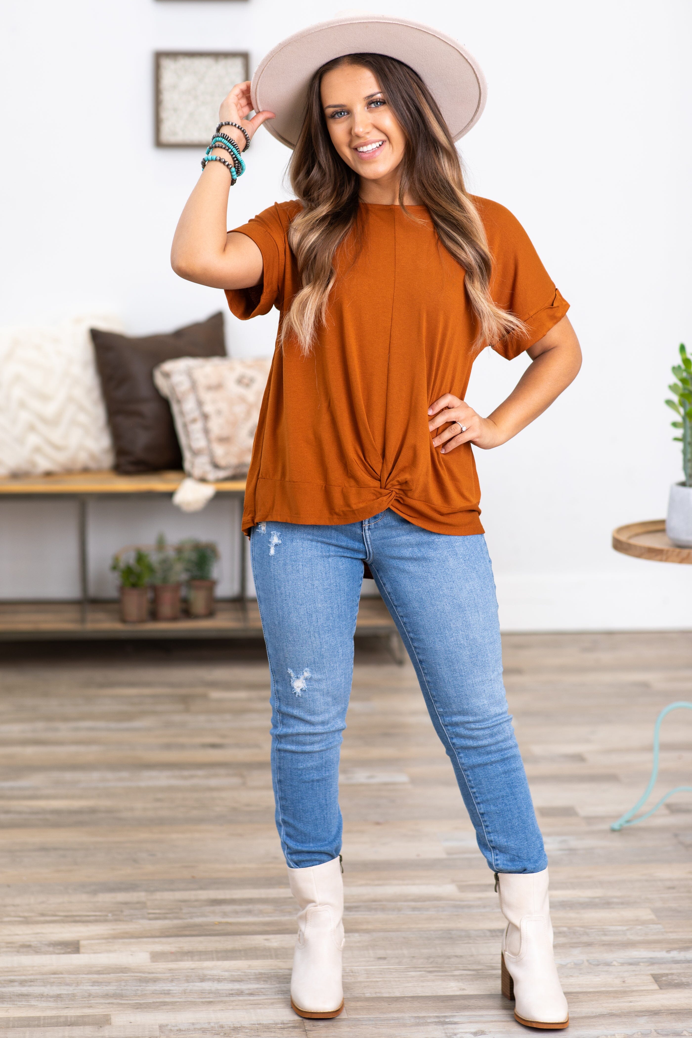 Cognac Knot Front Short Sleeve Top - Filly Flair