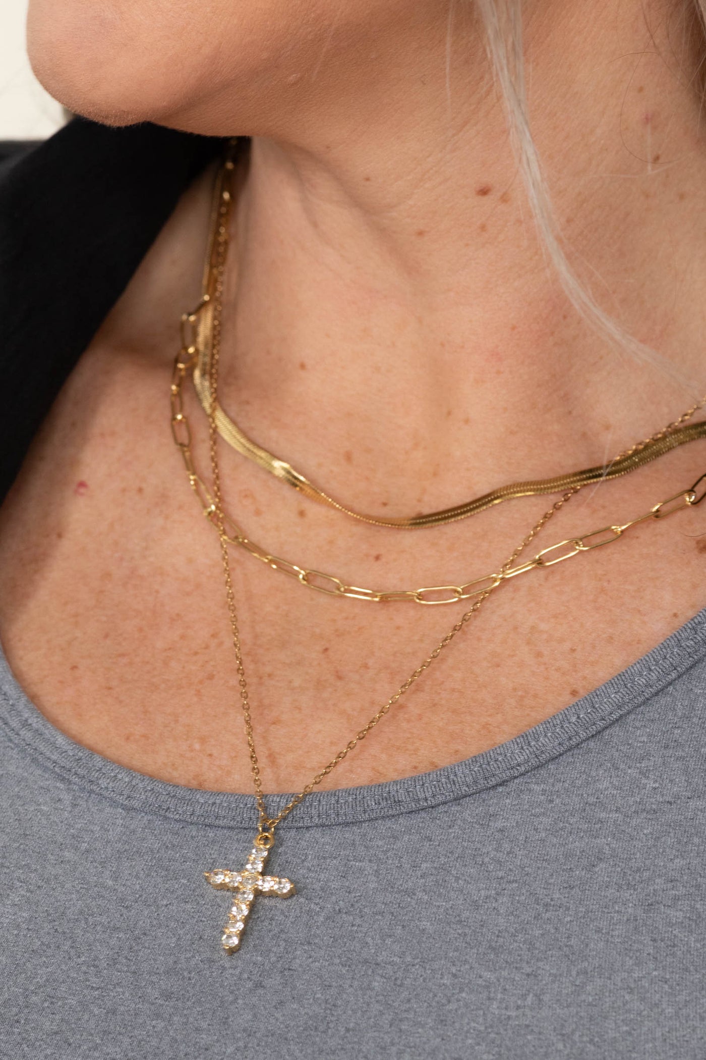 Multi-Layered Rhinestone Cross Pendant Necklace