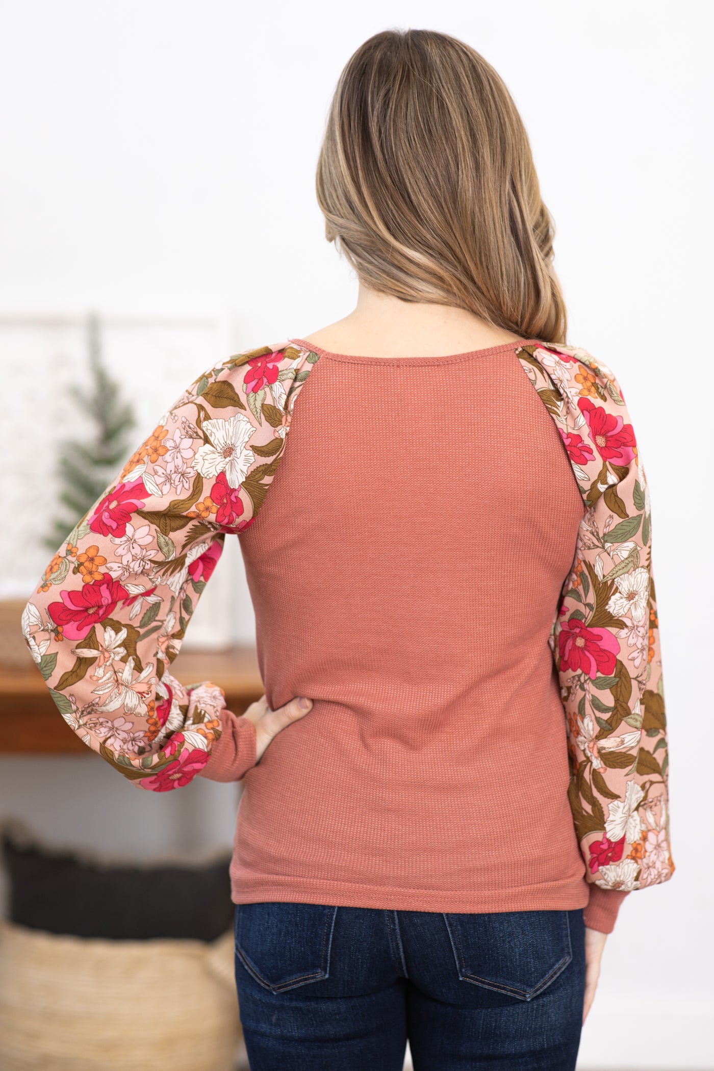 Dusty Rose Top With Floral Balloon Sleeves