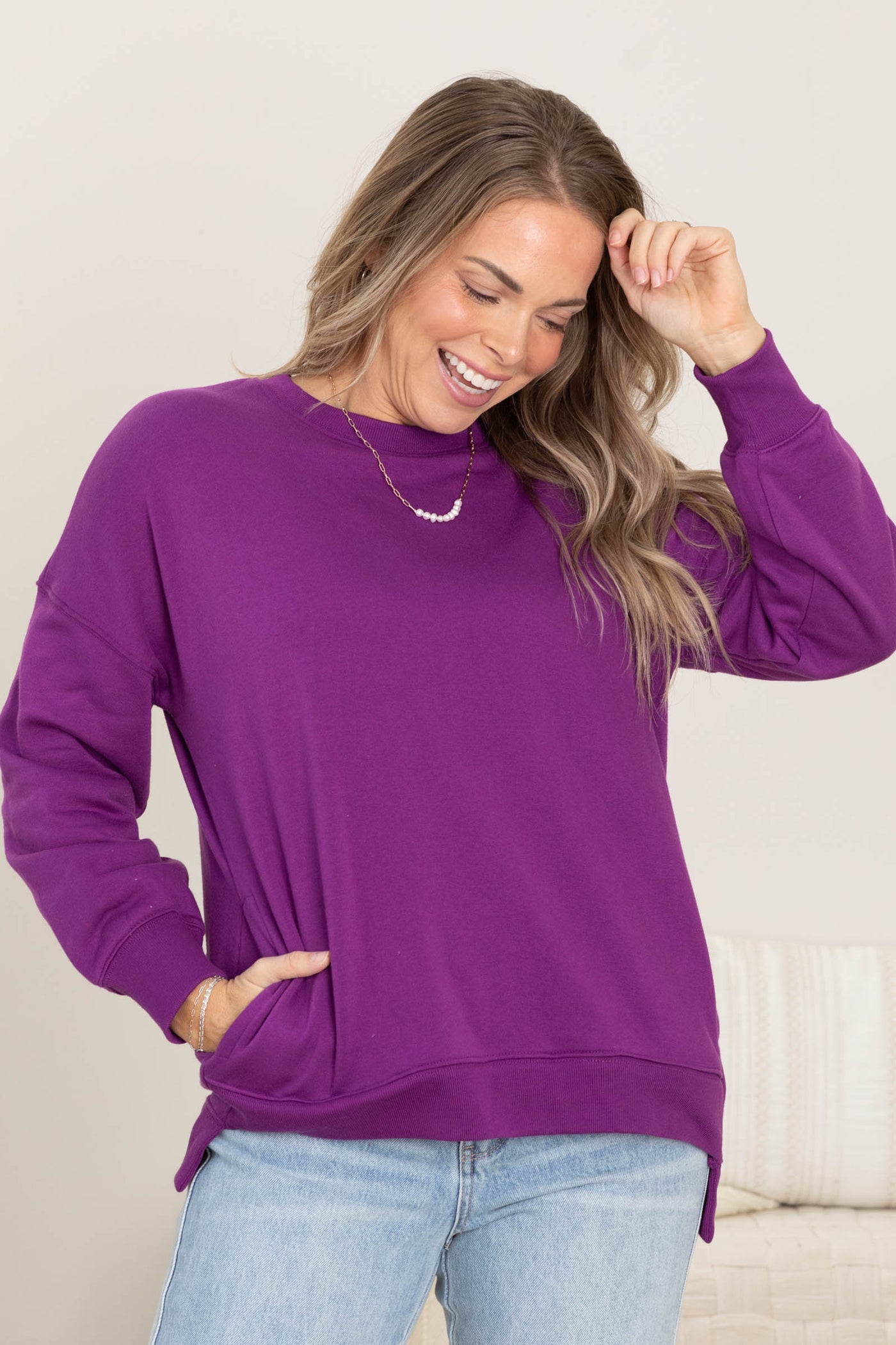 Fleece Hi-Low Boyfriend Sweatshirt With Pocket