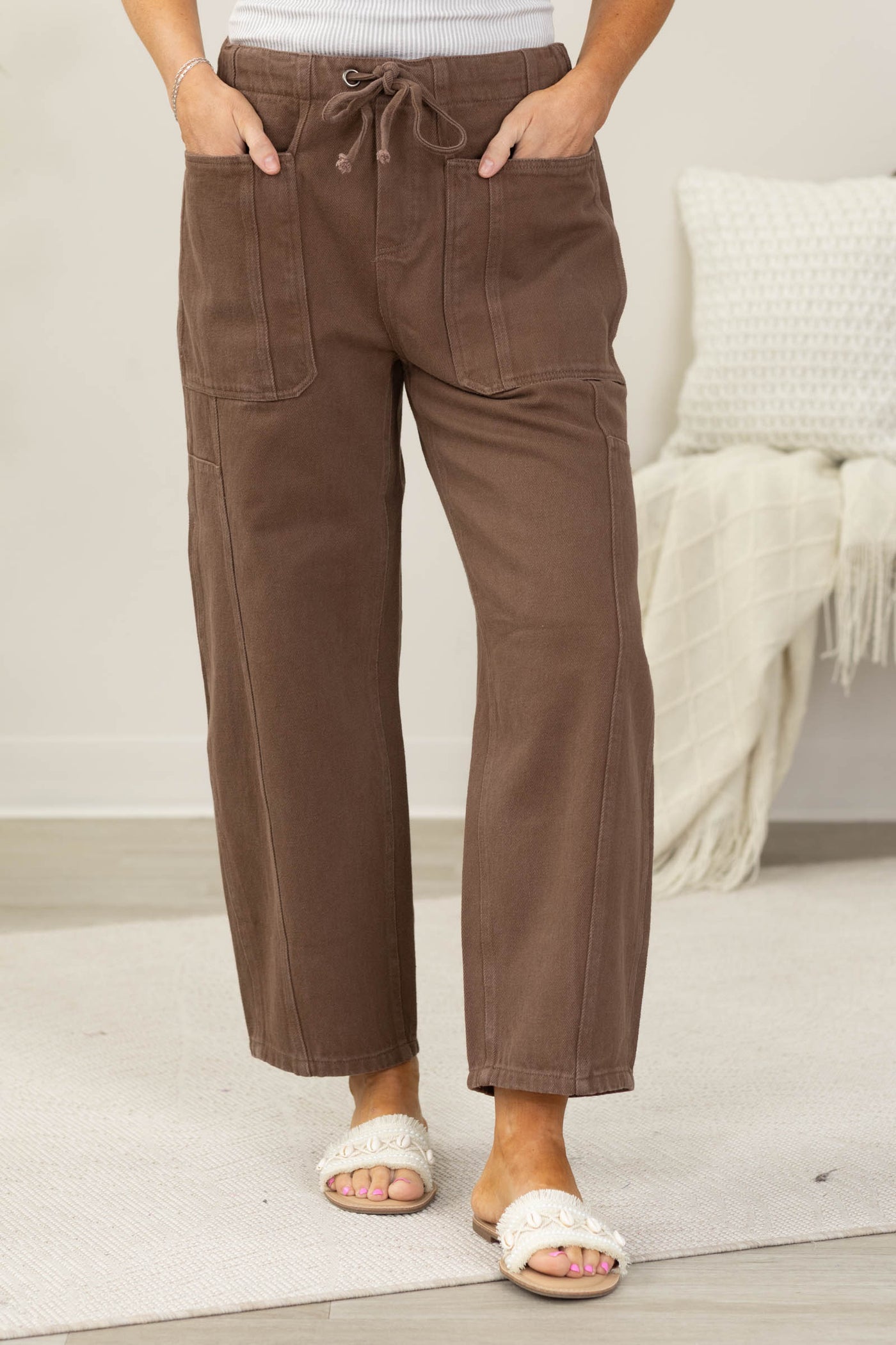 Brown Linen Drawstring Pants