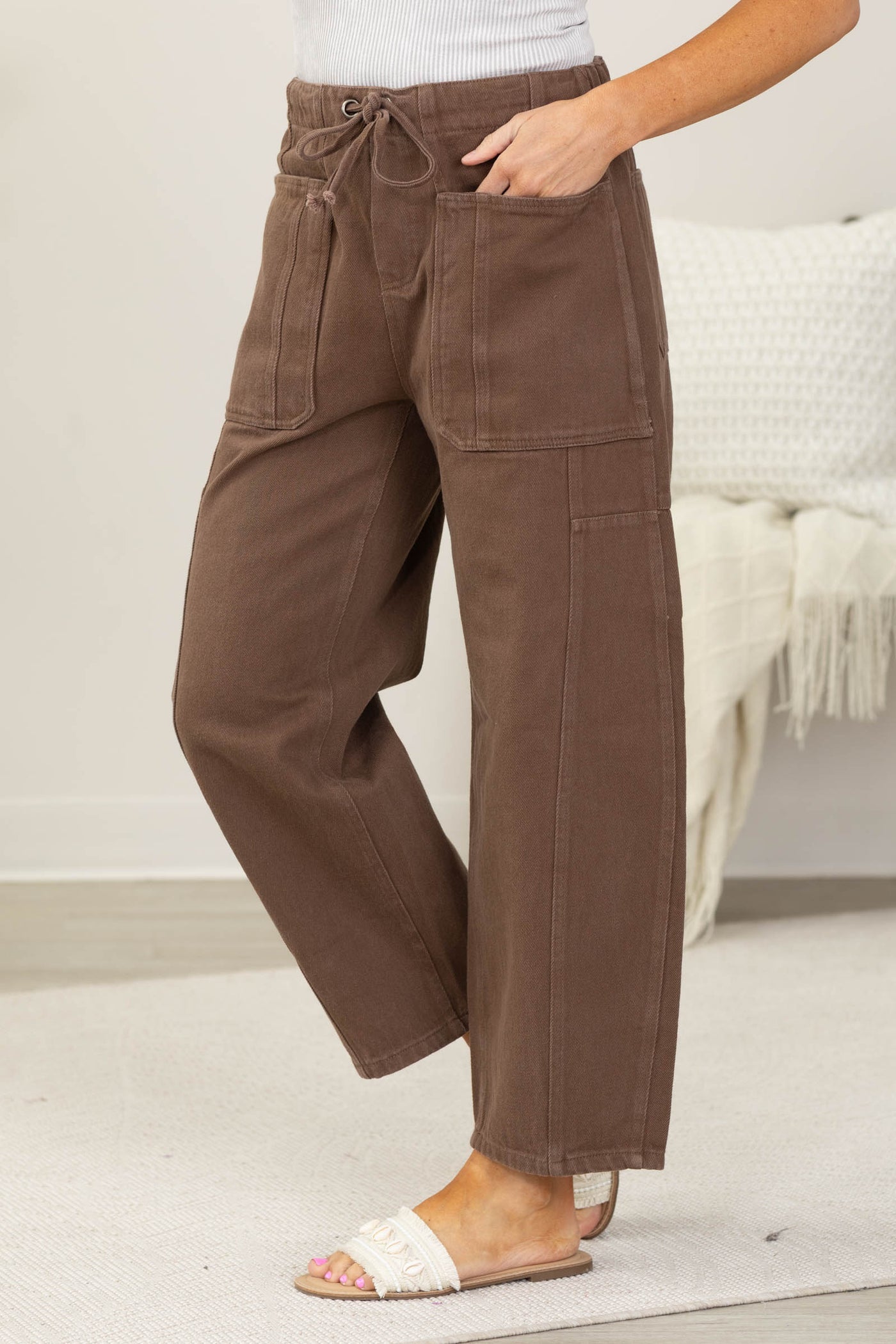 Brown Linen Drawstring Pants