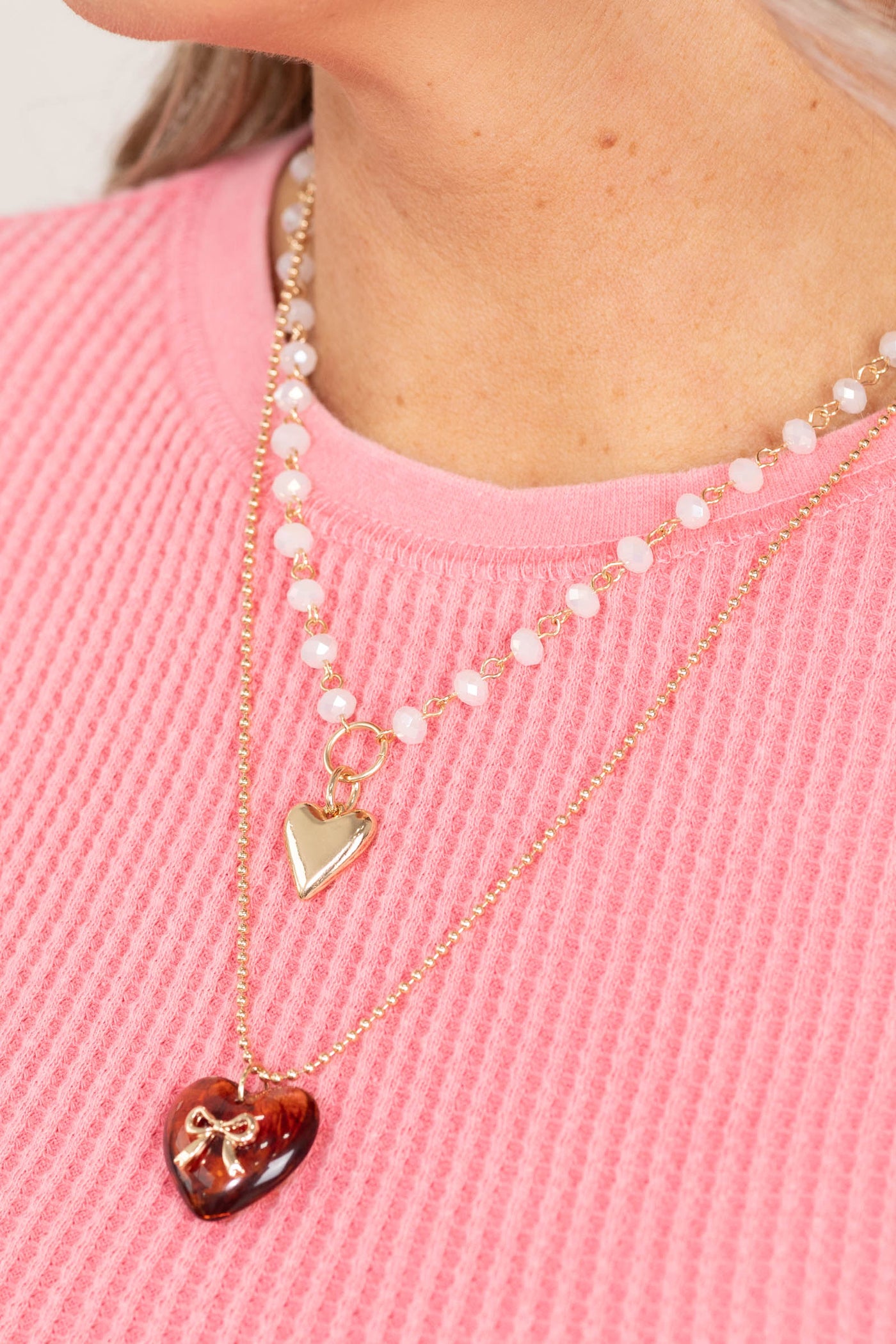 Gold Multi Layer Double Heart Charm Necklace