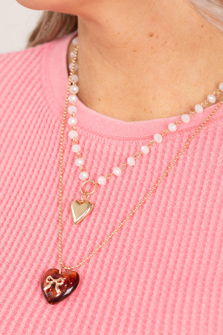 Gold Multi Layer Double Heart Charm Necklace