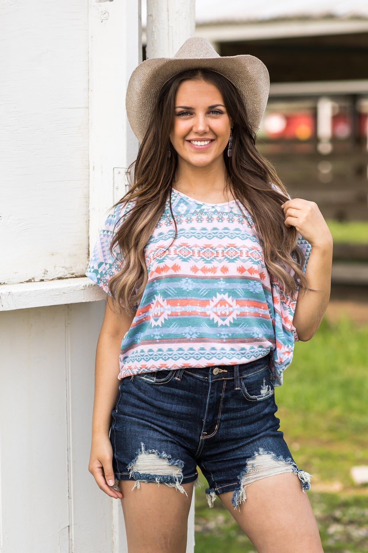Dusty Blue and Coral Aztec Dolman Sleeve Top - Filly Flair