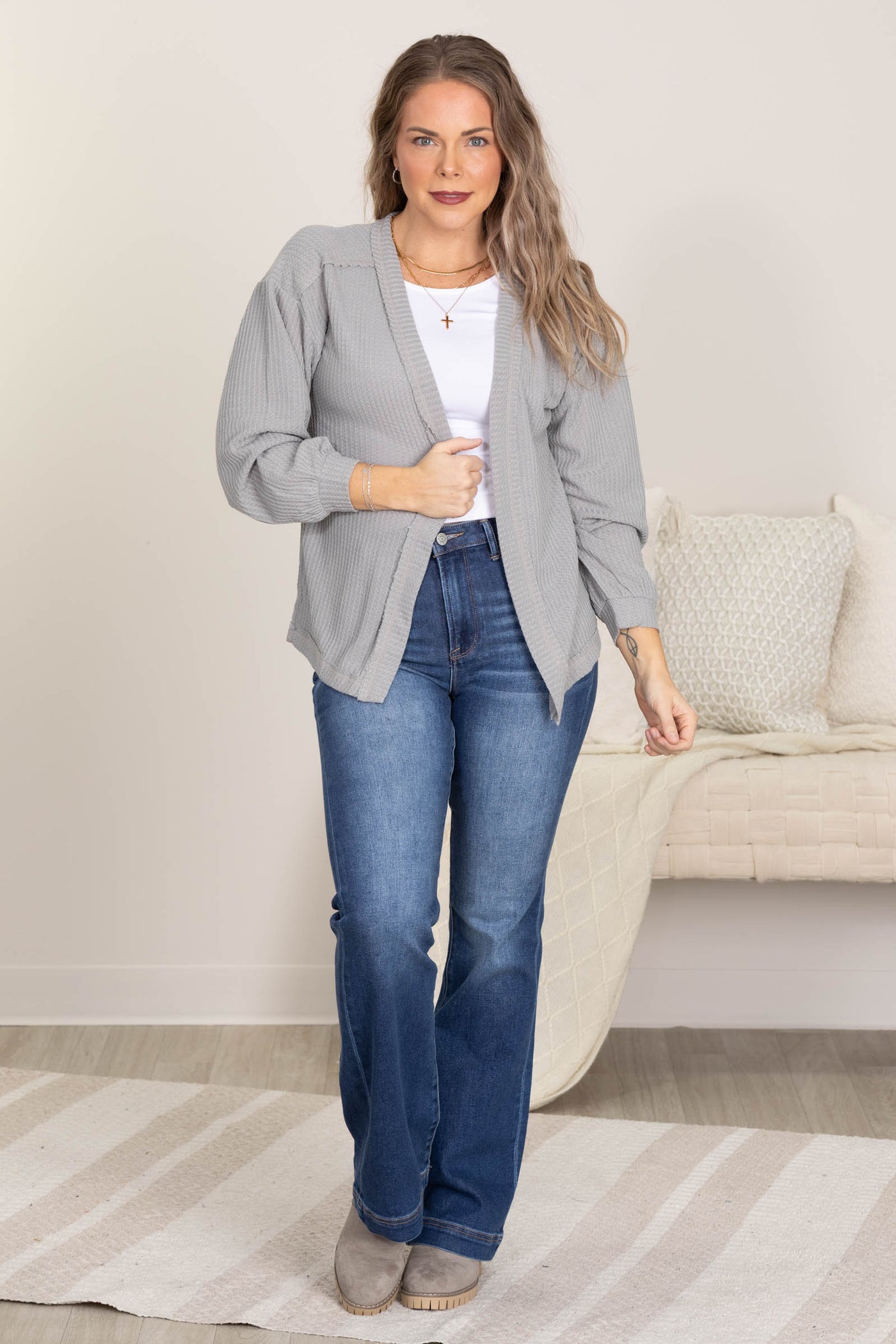 Reverse Stitched Open Front Knit Cardigan