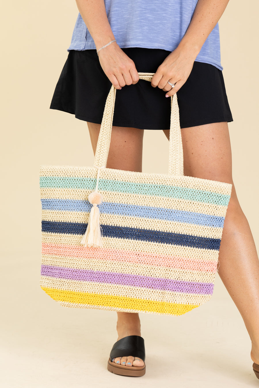 Blue Multicolor Stripe Crochet Tote Bag