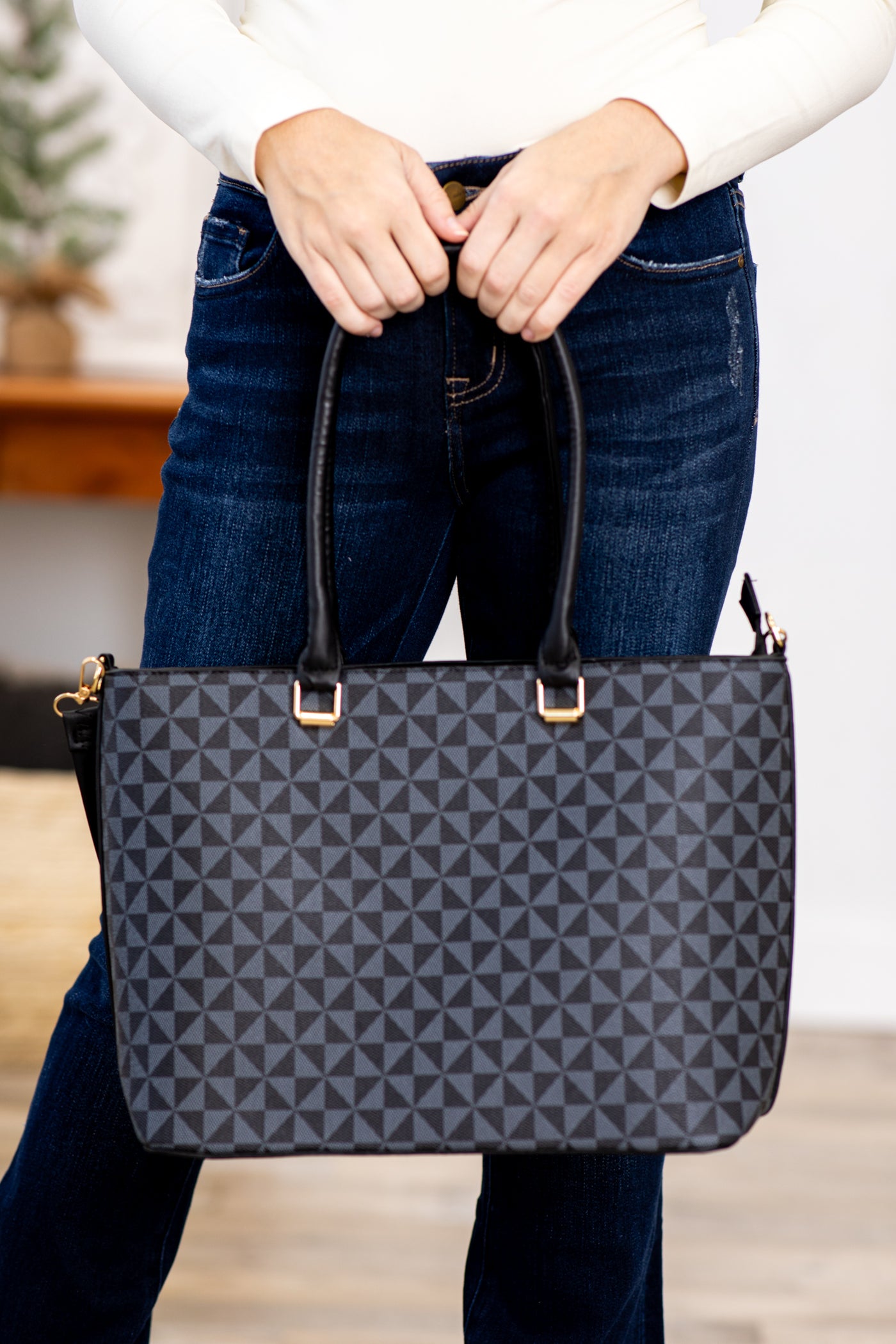 Black and Grey Geometric Print Handbag Set