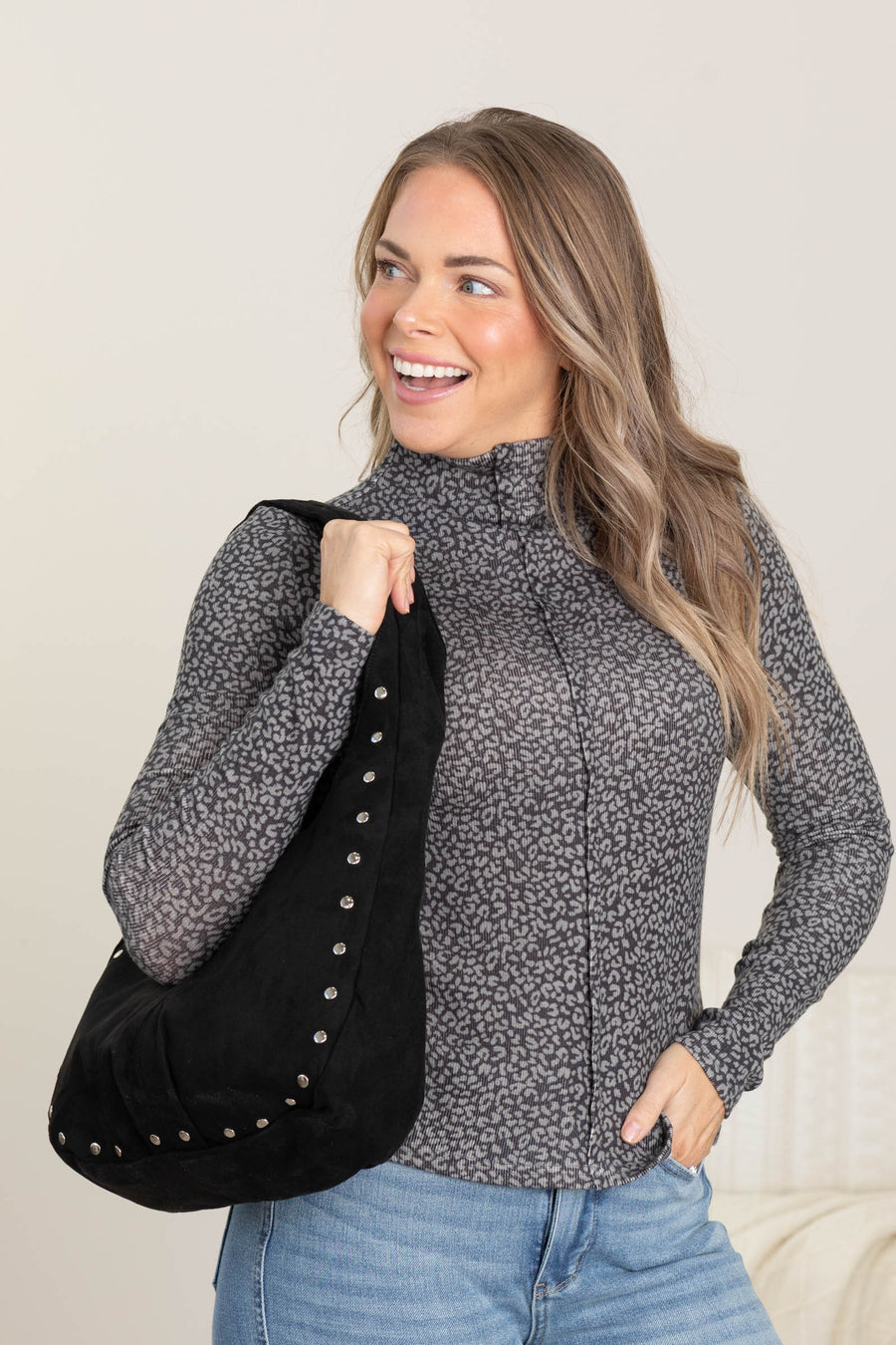 Grey Fitted Leopard Knit Long Sleeve Top