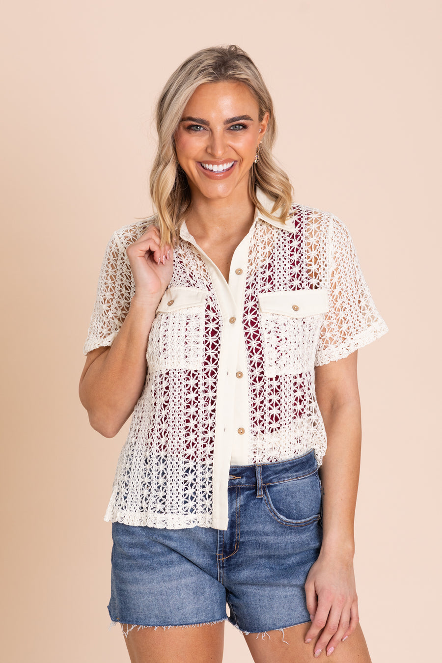 Button Up Crochet Front Pocket Woven Top