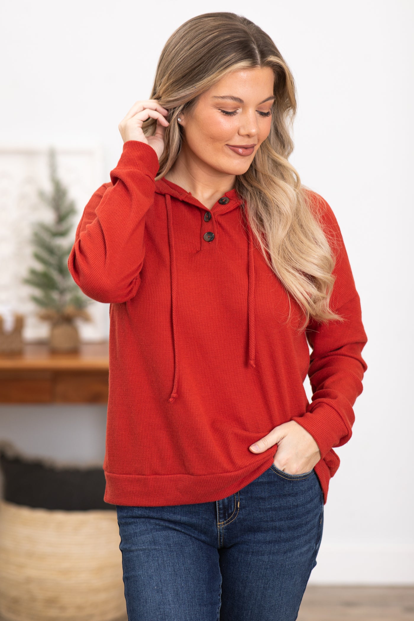 Red Hooded Top With Button Detail