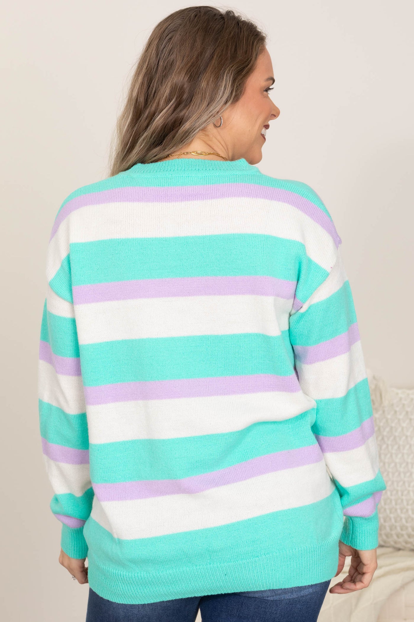 Aqua And Lavender Striped Knit Sweater Top