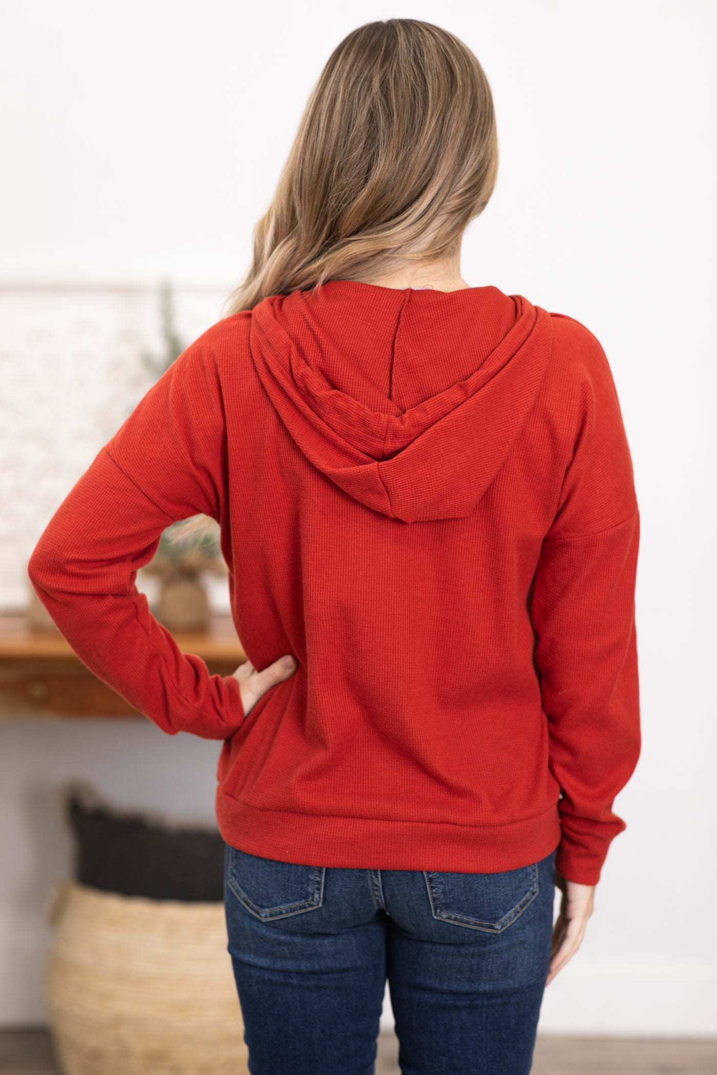 Red Hooded Top With Button Detail